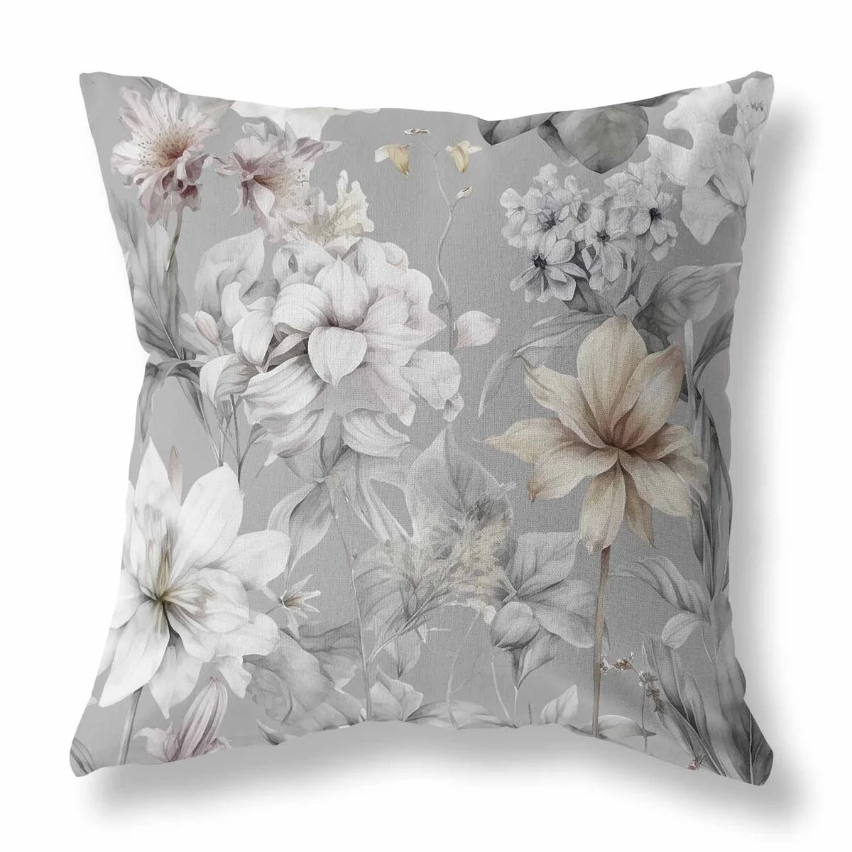 Grey And White Wildflower Whimsy Indoor/Outdoor Throw Pillow Zipper
