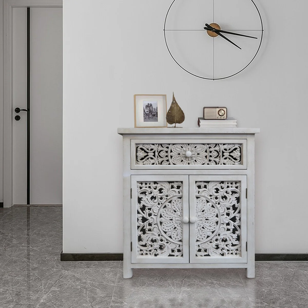 Rustic Hollow-Carved Wood Storage Cabinet with 1 Drawer and 2 Doors, Antique White, 31