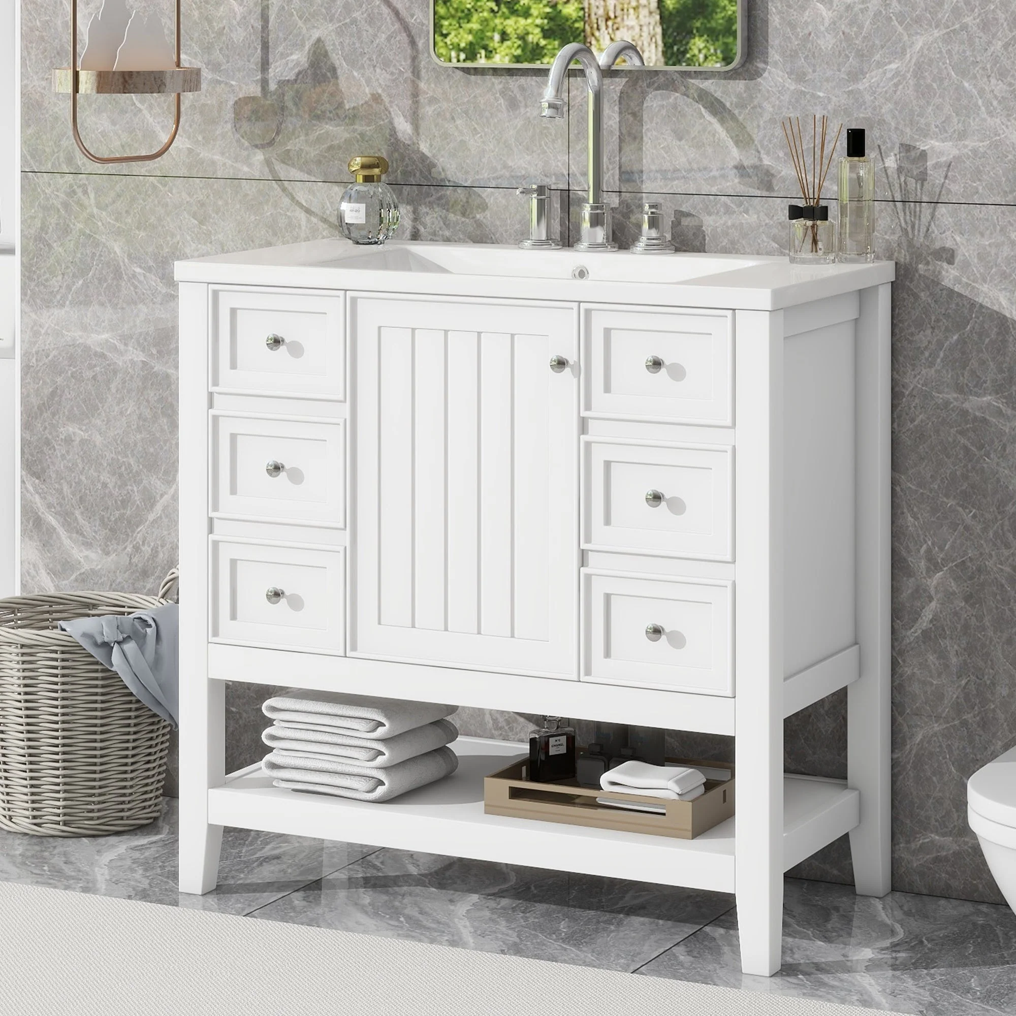 36 Inch Freestanding Bathroom Vanity Set with Drawers and Ceramic Sink