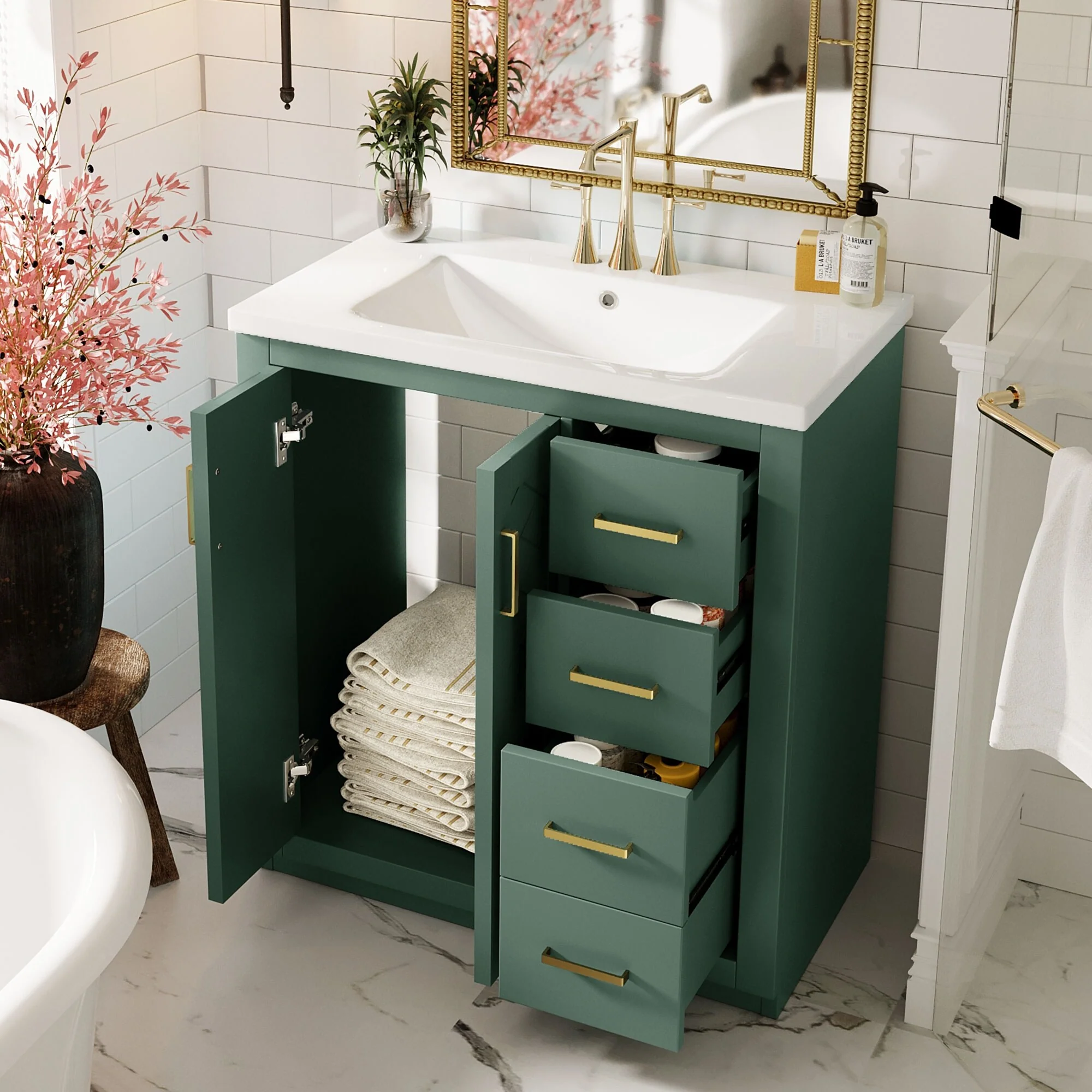 30'' Bathroom Vanity with Ceramic Sink Combo, Bathroom Storage Cabinet Vanity Set with 3 Drawers& Soft Closing Doors