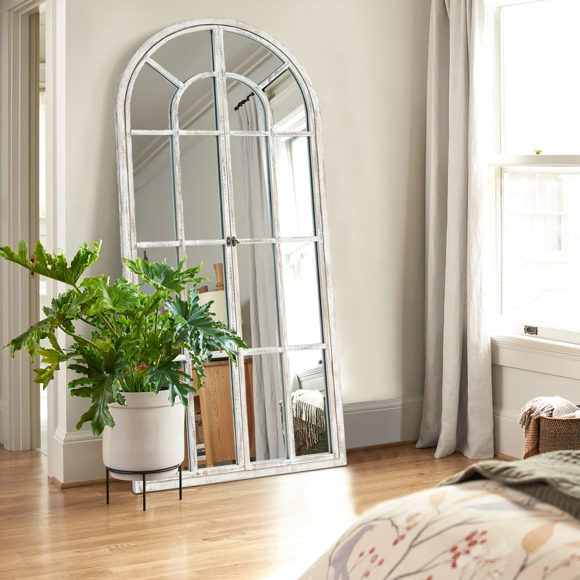 Wood Arched Window 2-door Wall Mirror