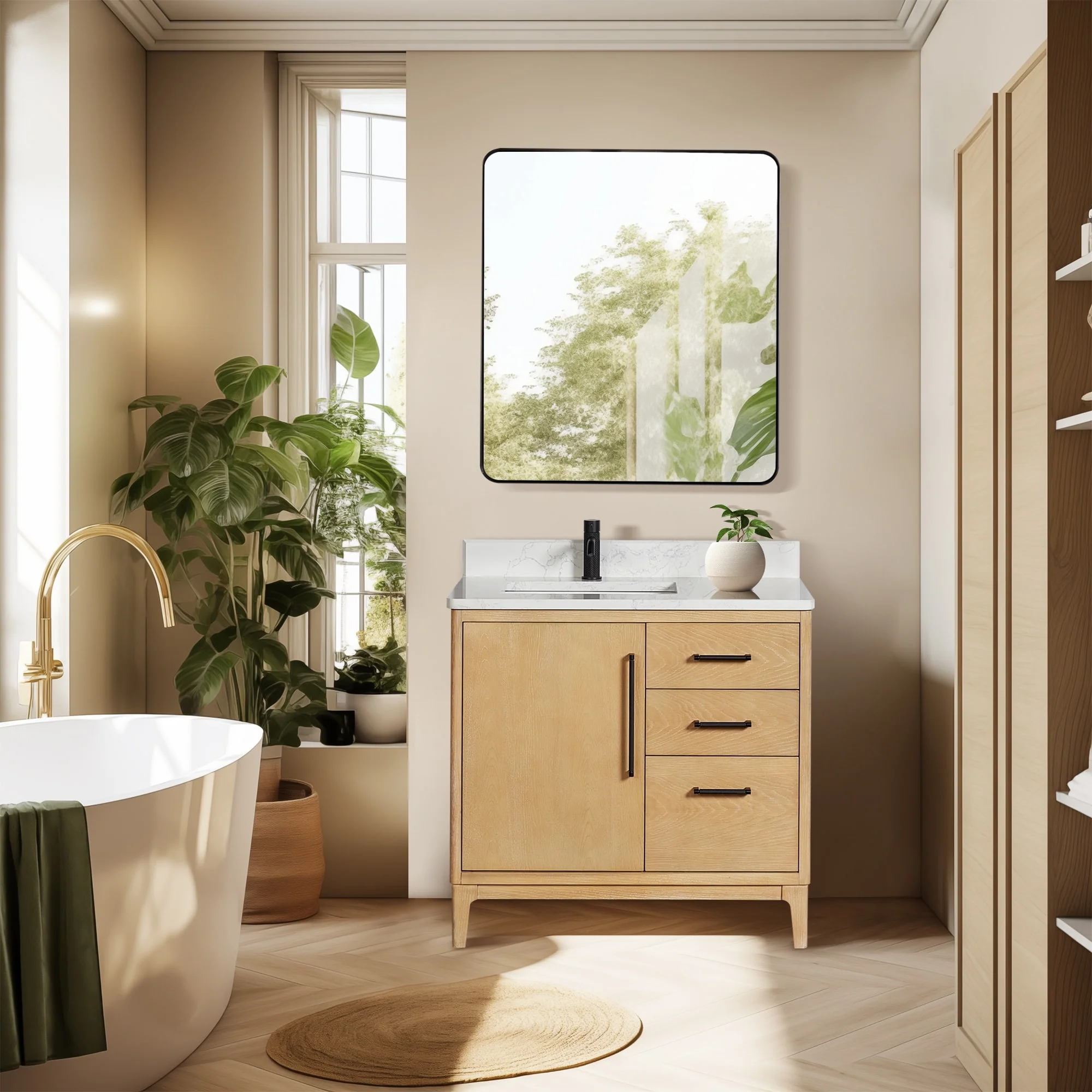 Gara Single Bath Vanity with Composite Stone Top and Mirror