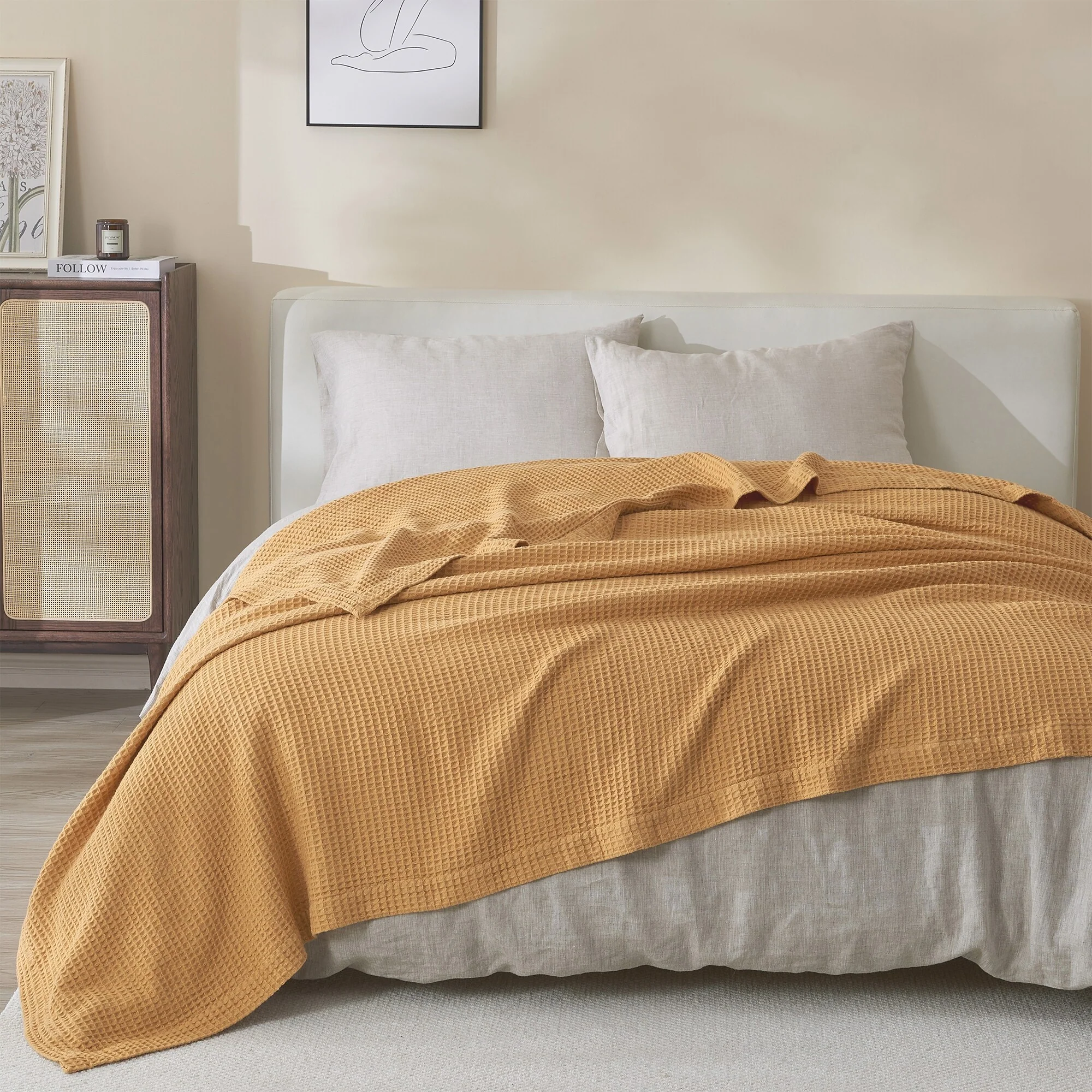 Linery & Co. 100% Cotton All-Season Lightweight Waffle Weave Knit Throw Blanket
