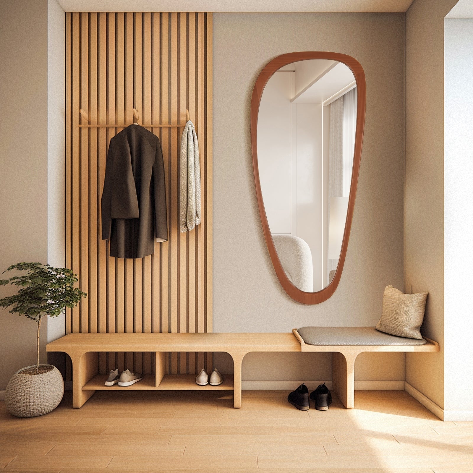 Pine Wooden Frame Asymmetrical Cobblestone Shaped Wall Mirror