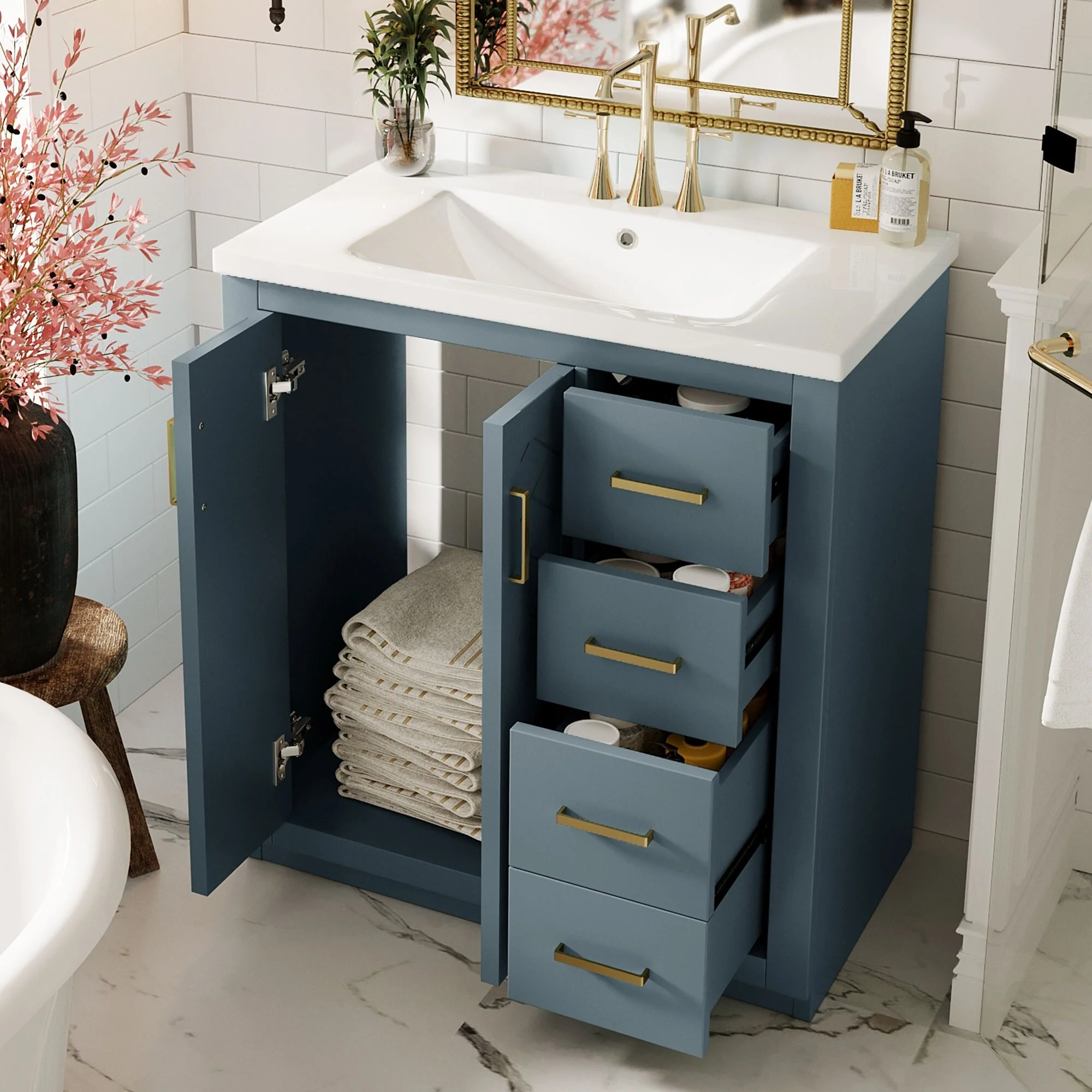 30'' Bathroom Vanity with Ceramic Sink Combo, Bathroom Storage Cabinet Vanity Set with 3 Drawers& Soft Closing Doors