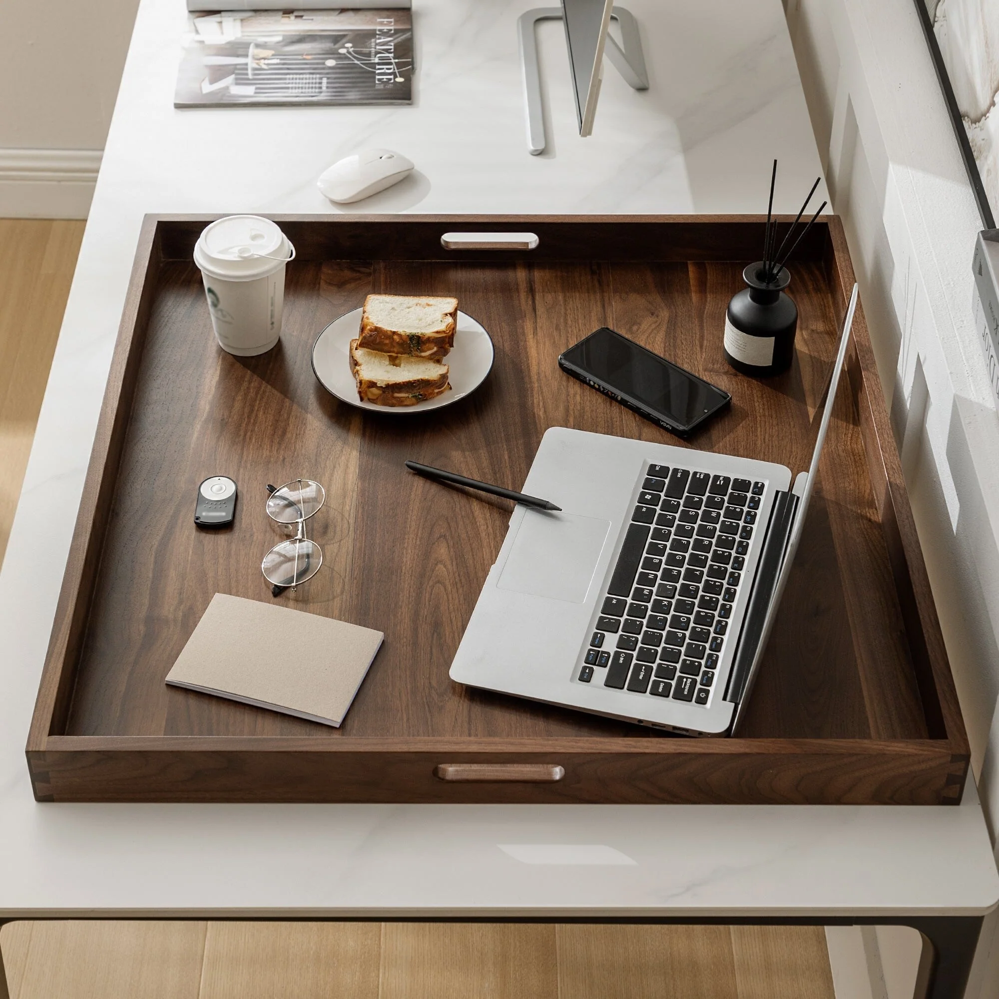 KINWELL Square Black Walnut Wood Serving Tray Ottoman Tray with Handles