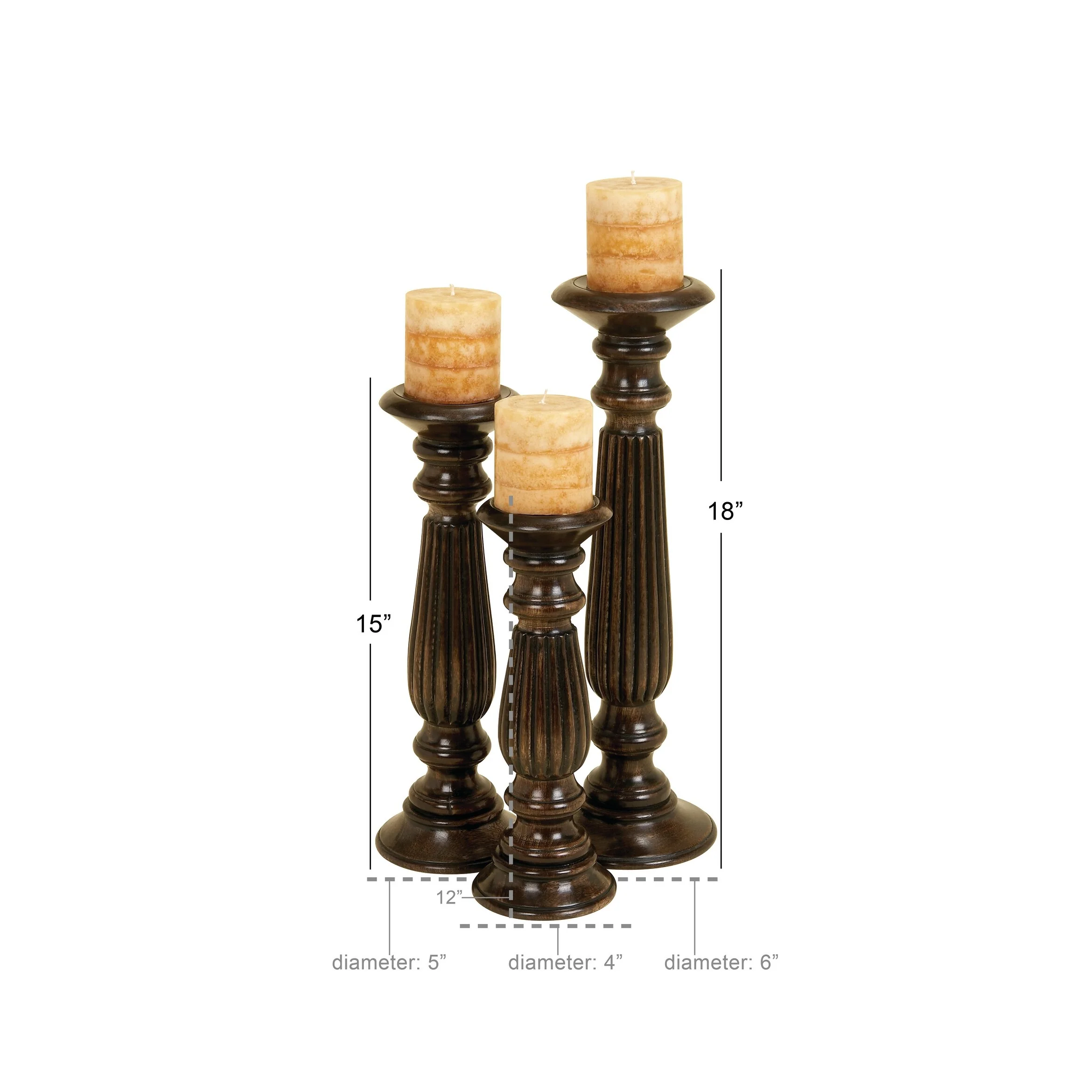 Traditional Mango Distressed Turned Pillar Wood Candle Holder (Set of 3) - Dark Brown, Beige, White