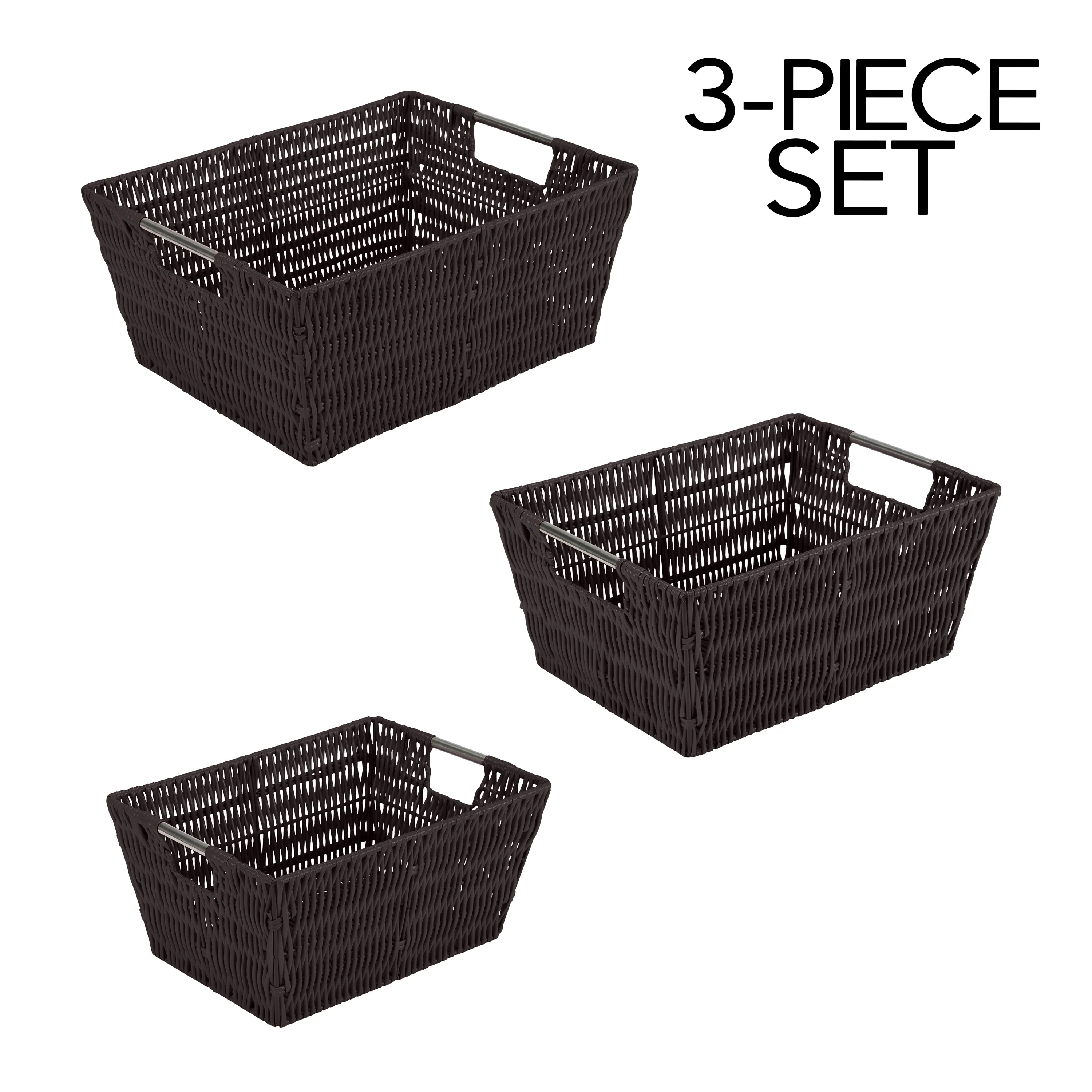Simplify 3 Pack Set Rattan Tote Baskets in Charcoal