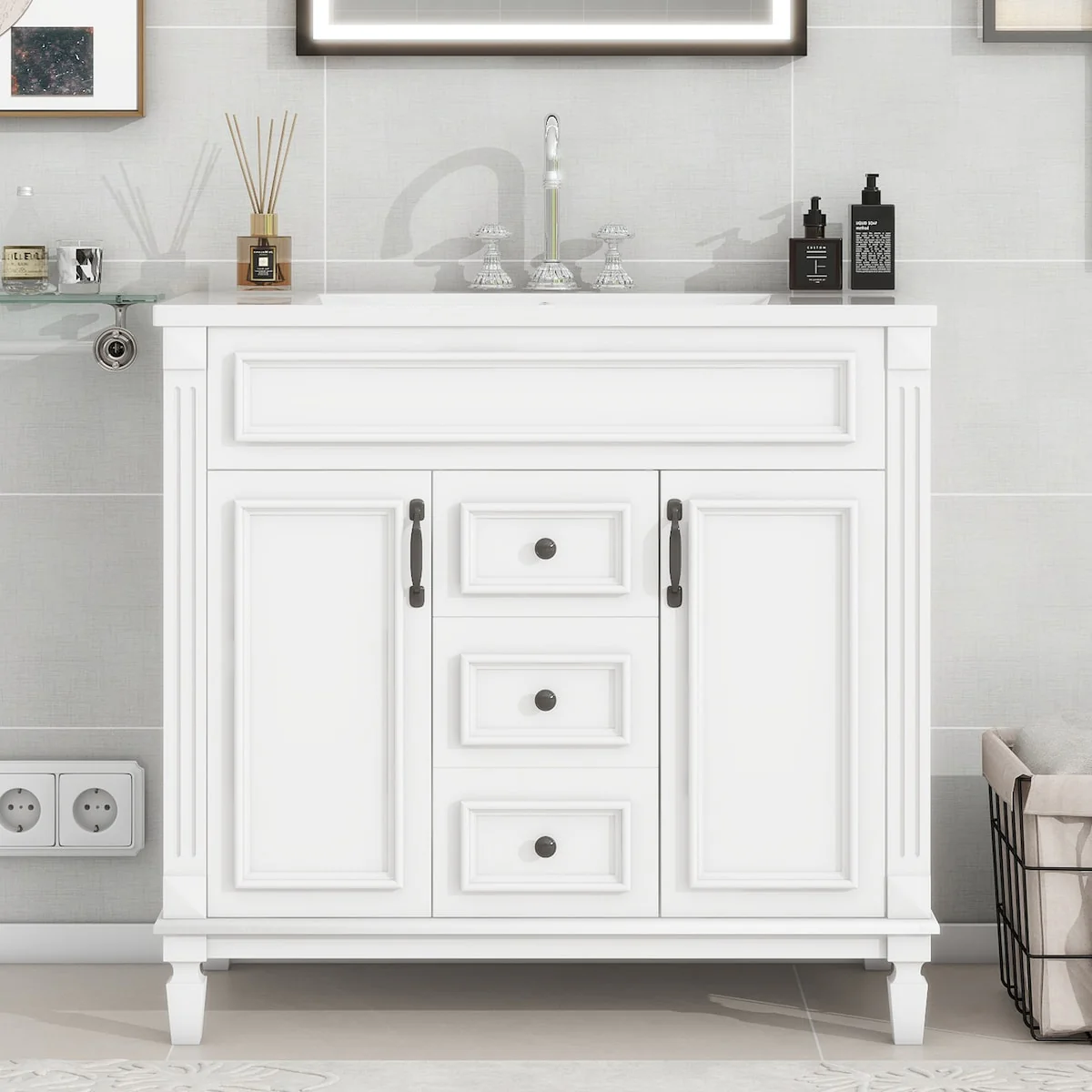 Modern Bathroom Storage Vanity with Top Sink, 2 Soft Closing Doors & 2 Drawers
