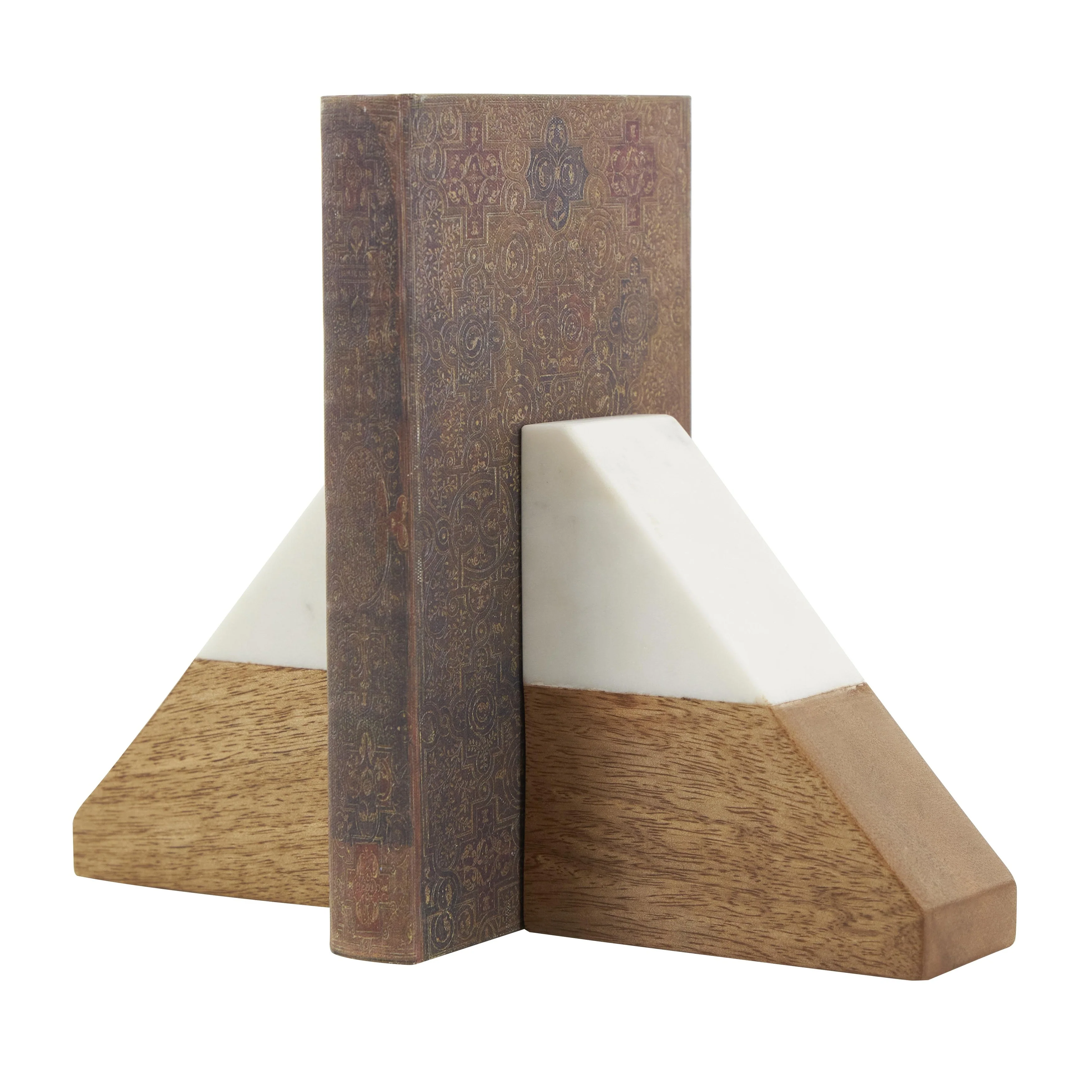 Mango Wood Geometric Triangle 3 lbs Decorative Bookends with White Marble Tops - Set of 2 Brown - Roche River Decor