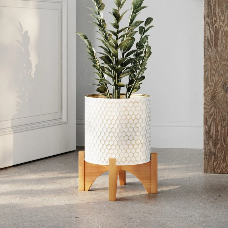 Honeycomb Mid-Century Modern Indoor Metal Pot Planter with Arch Wood Base