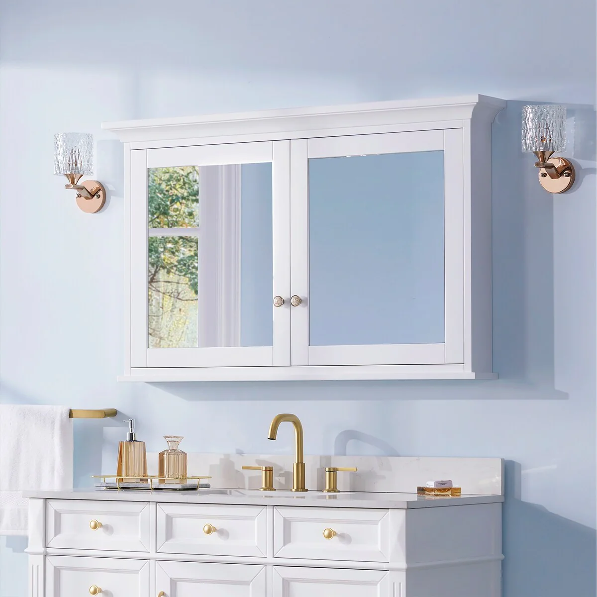 30''H Surface Mount Solid Wood Framed Medicine Cabinet With Mirror And Wooden Shelves