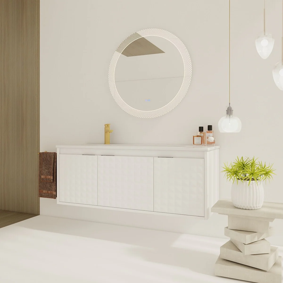 24/ 48 inch Wall Mounted Bathroom Vanity Set in White with Integrated Resin Sink