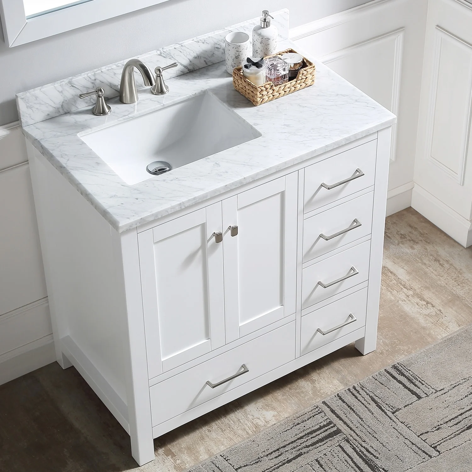 Prismatica 36 in. White Vanity with Countertop & Splash, Left Sink