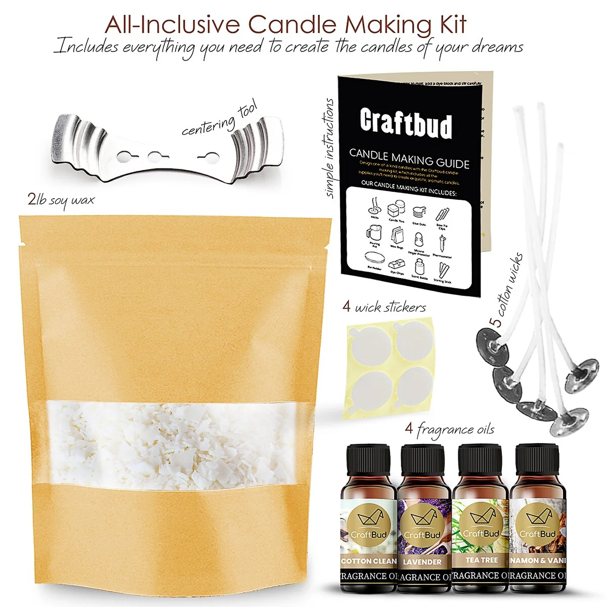 CraftBud DIY Candle Making Mini Supply Kit - 2lbs Natural Soy Wax, Fragrance Oil, Cotton Wicks, Centering Tool, and Glue Sticker