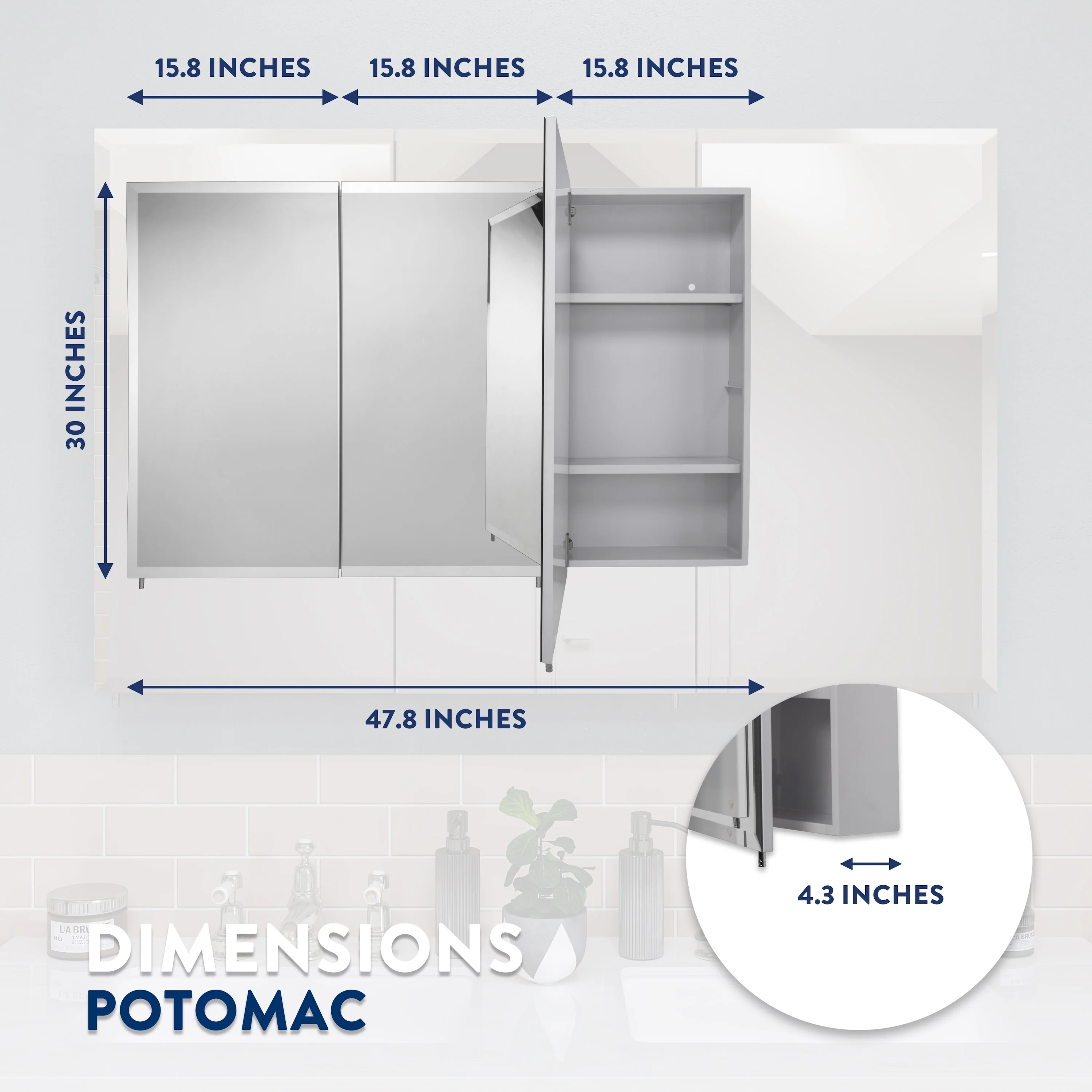 Croydex Potomac Large Modern, Triple Door White Steel, Surface Mount Medicine Cabinet with Mirrors - 30 x48