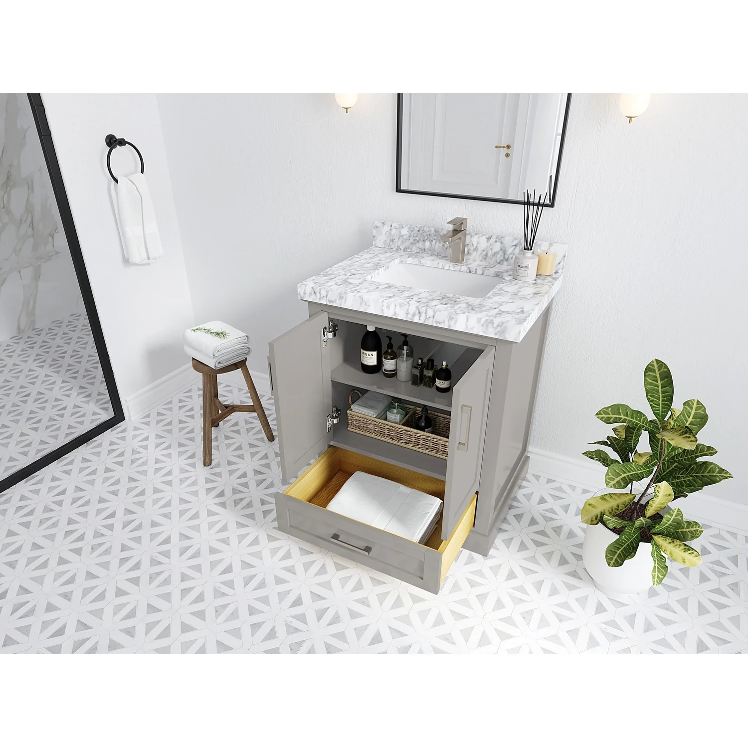 Willow Collection 30 in W x 22 in D x 36 in H Reeded Boston Single Bowl Sink Bathroom Vanity with Quartz or Marble Countertop
