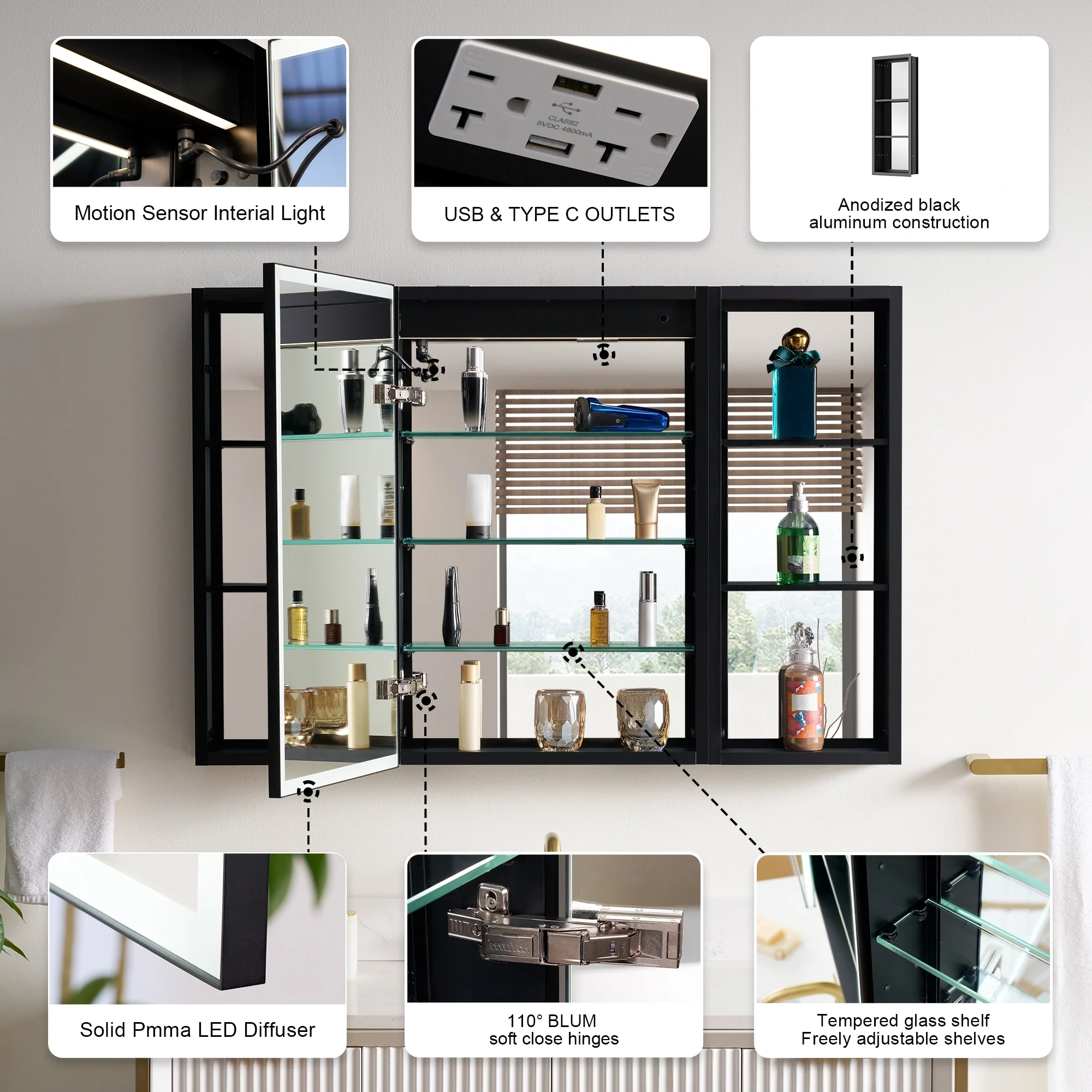 30 in. H Recessed or Surface Wall Mounted LED Mirror Cabinet With Black Side Cabinet