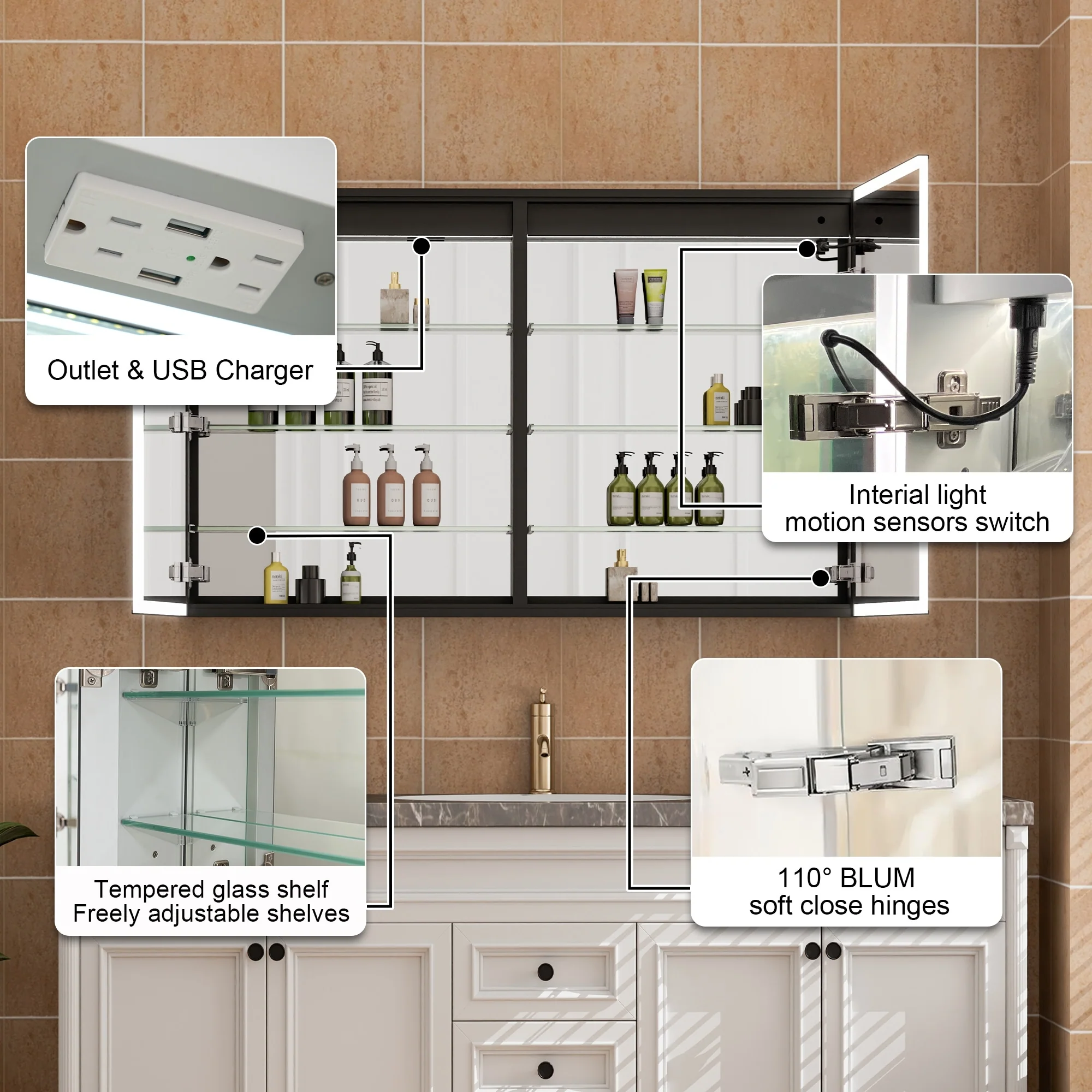 30'' H Recessed Or Surface Wall Mounted LED Mirror Cabinet With Mirror And Adjustable Shelves,Black Frame