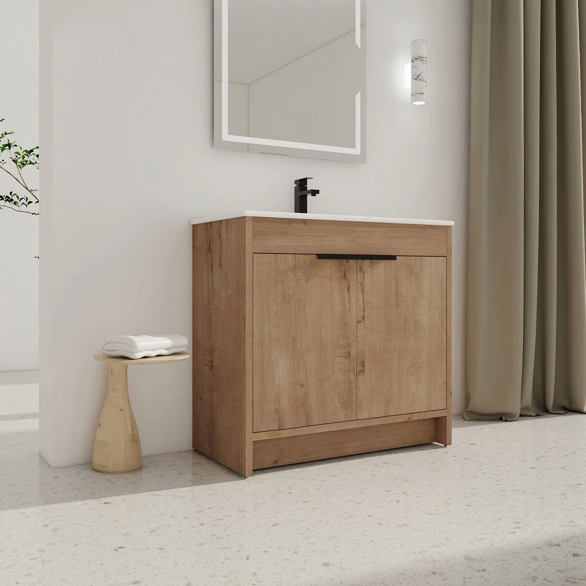 36 Inch Plywood Freestanding Bathroom Vanity Set with Integrated Ceramic Basin and Doors