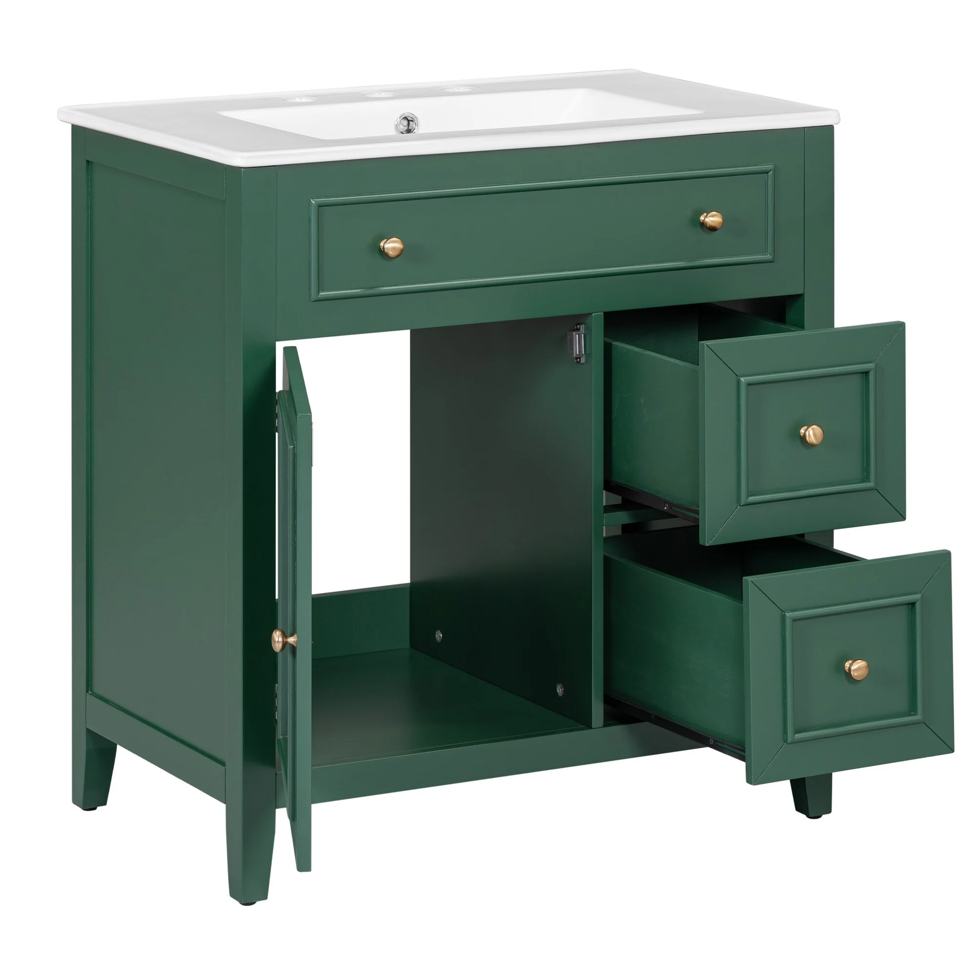 30'' Solid Wood Bathroom Vanity with Cabinet, 2 Drawers, and Ceramic Sink