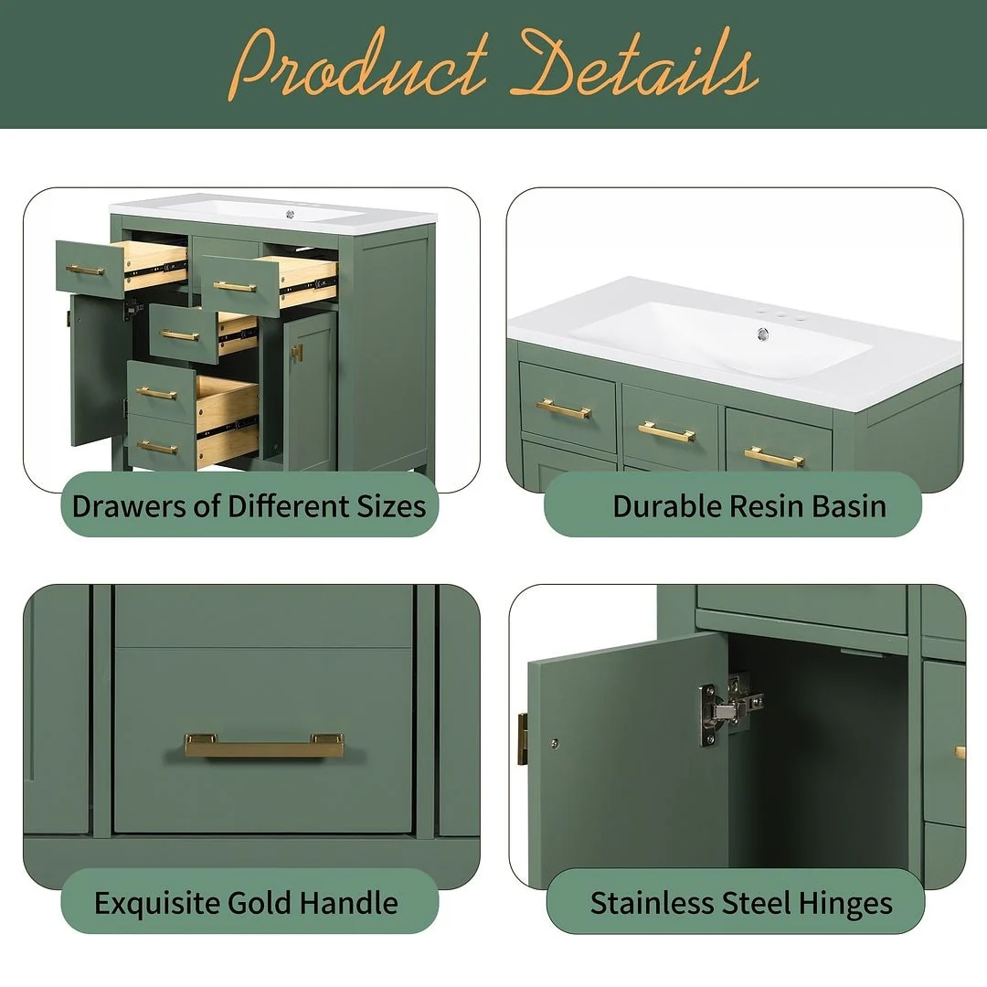 36'' Modern Freestanding Bathroom Vanity with Resin Sink Combo, 4 Drawers and 2 Cabinets