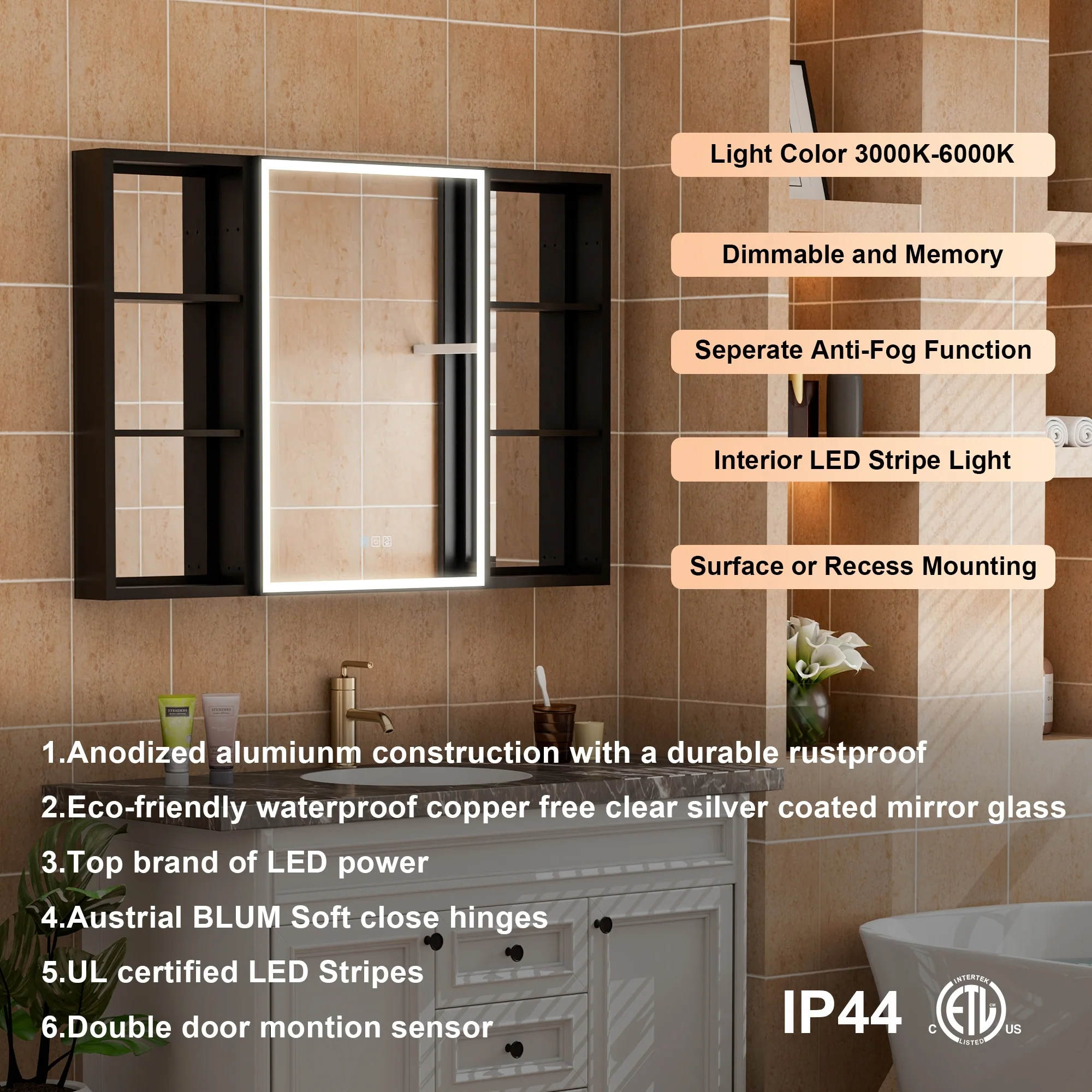 30 in. H Recessed or Surface Wall Mounted LED Mirror Cabinet With Black Side Cabinet