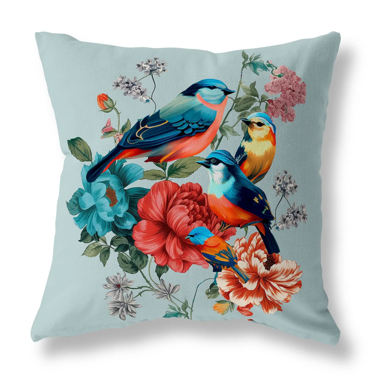 Mint And Red Petal Perched Birds Indoor/Outdoor Throw Pillow Zipper