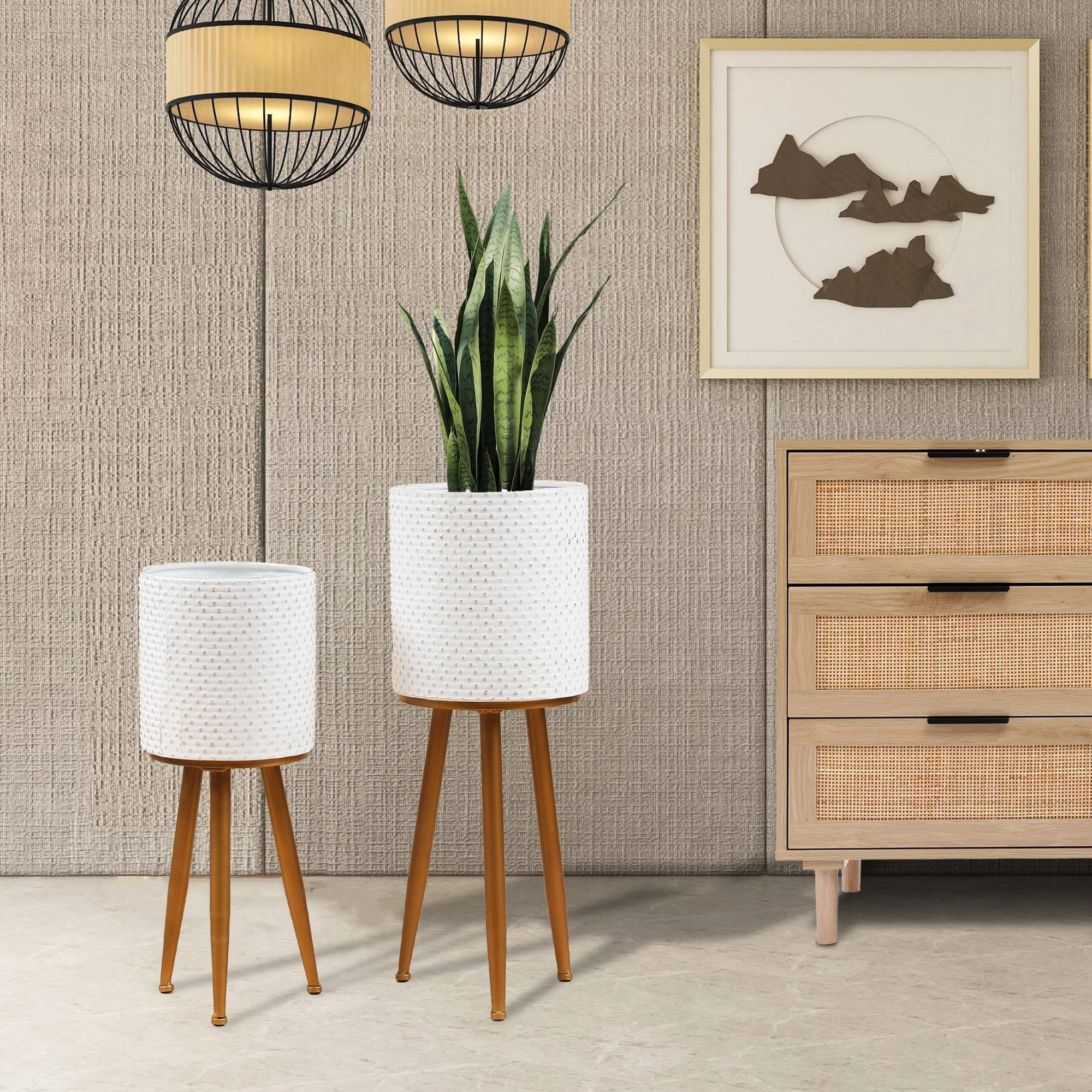 Distressed White Cachepot Planters with Bronze Metal Stands (Set of 2)