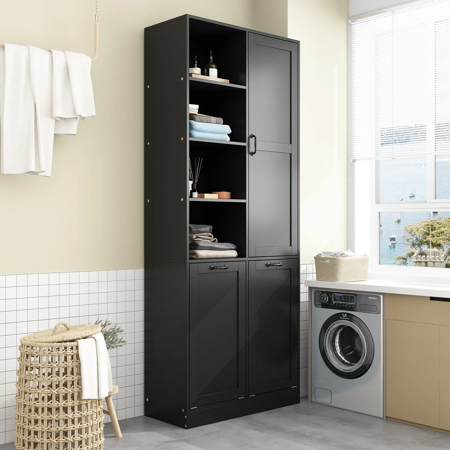 Sleek White Laundry Bathroom Cabinet with Unique Rotating Drawers