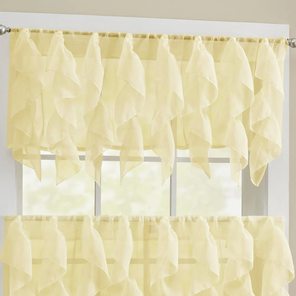 Chic Sheer Voile Vertical Ruffled Tier Window Curtain Valance and Tier