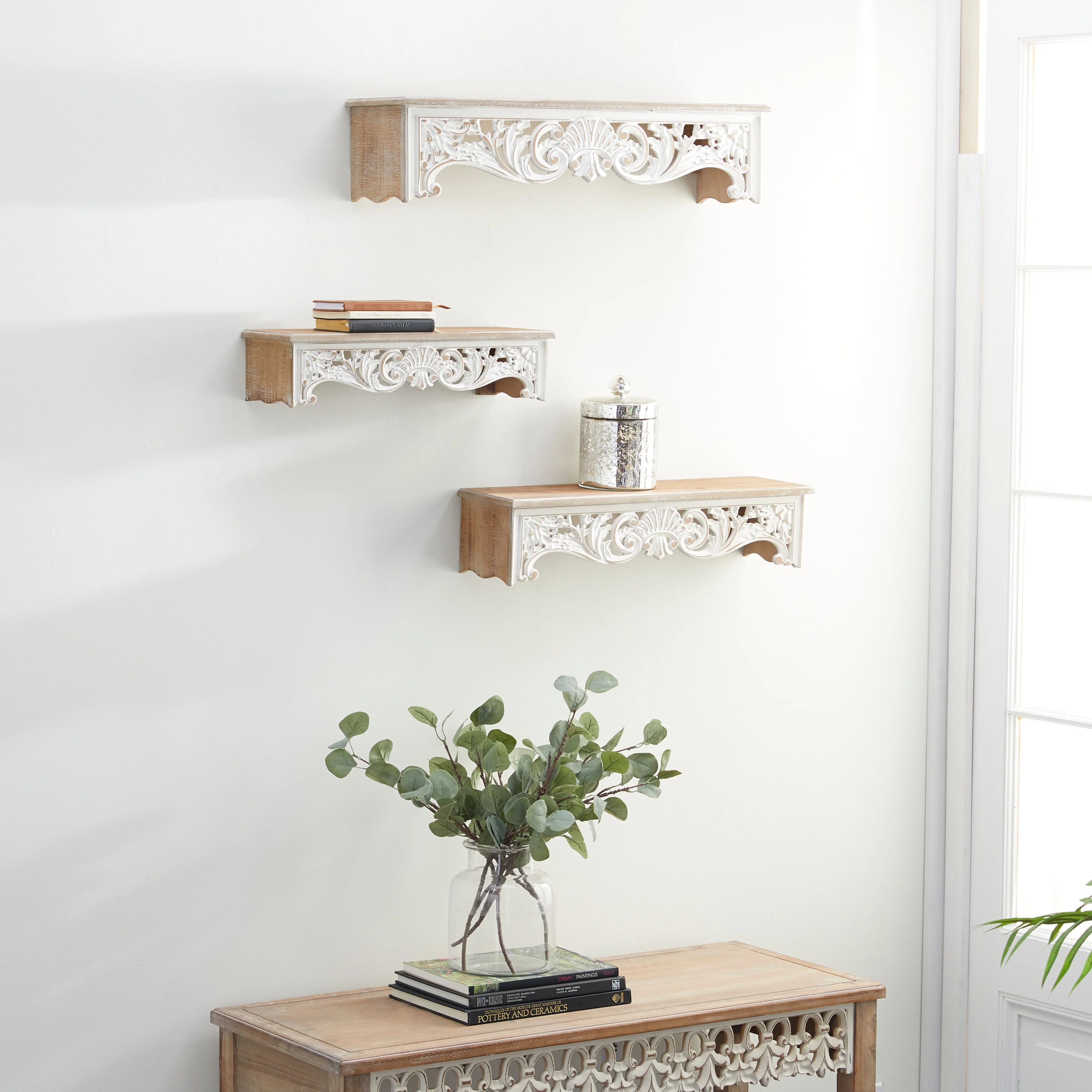 Wooden Scroll Carved 3 Shelves Wall Shelf - Set of 3 Cream - Roche River Decor - 7