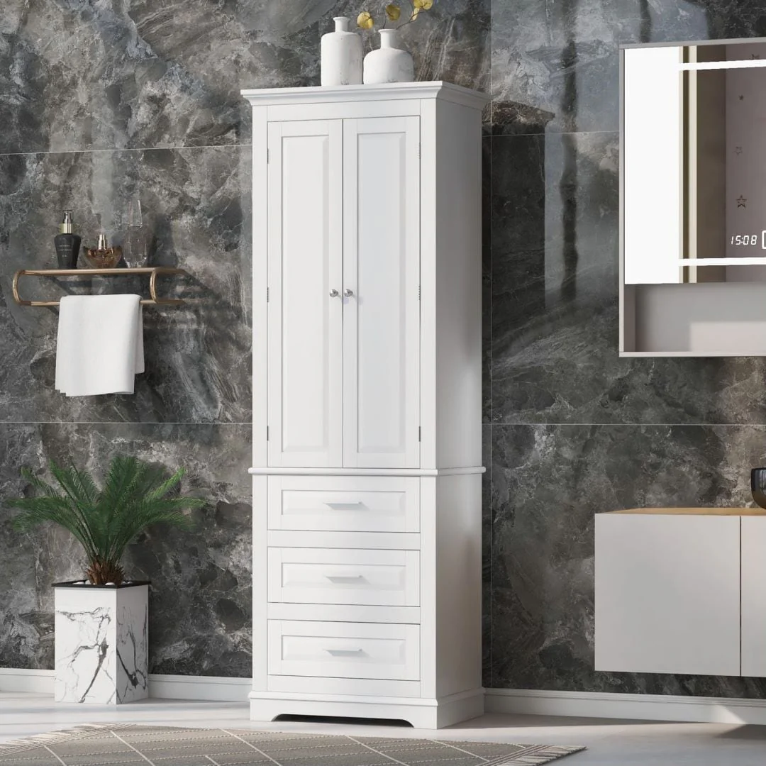 Tall Storage Cabinet with Three Drawers for Bathroom White