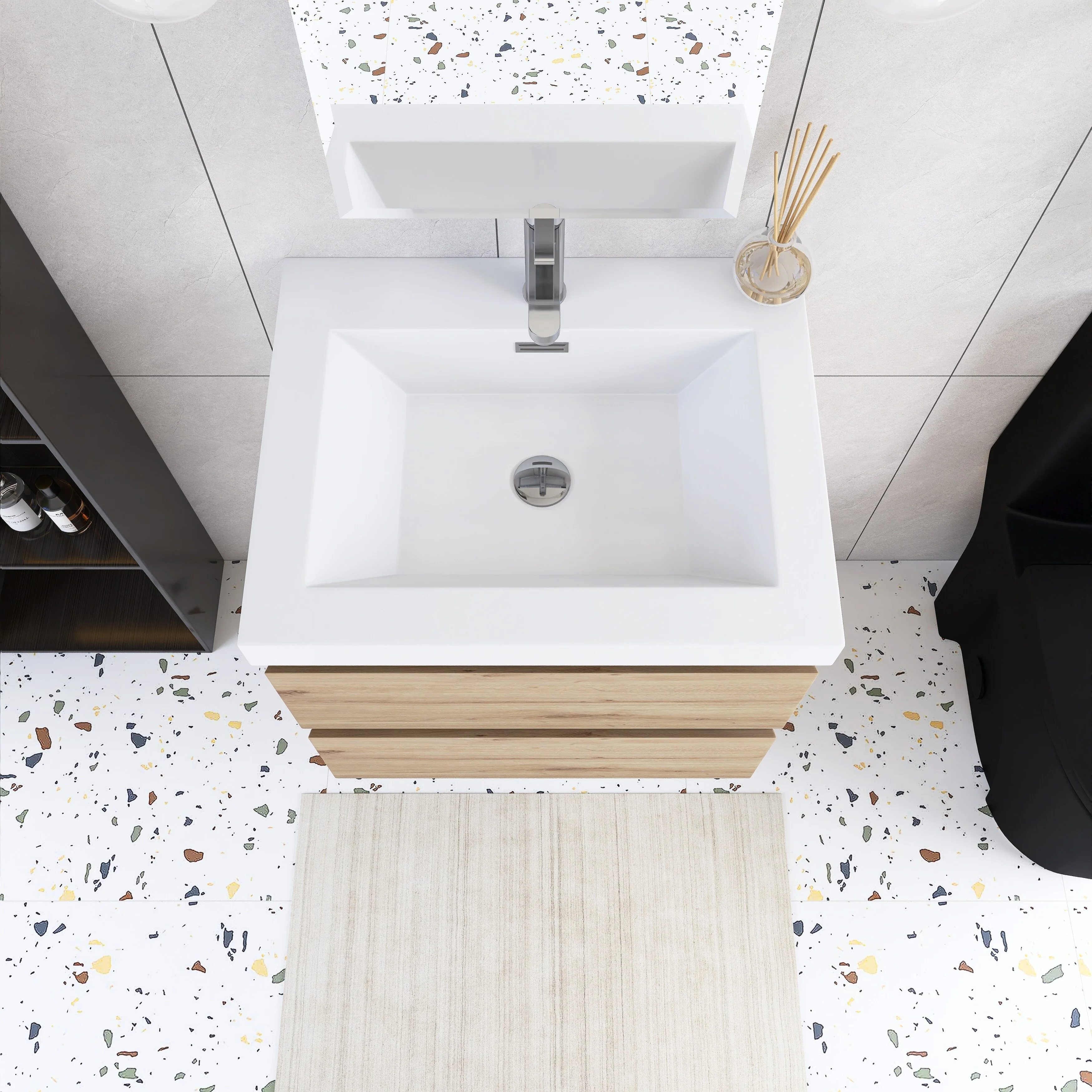 Angela Wall Mounted Bathroom Vanity in F. Oak with White Cultured Marble Top