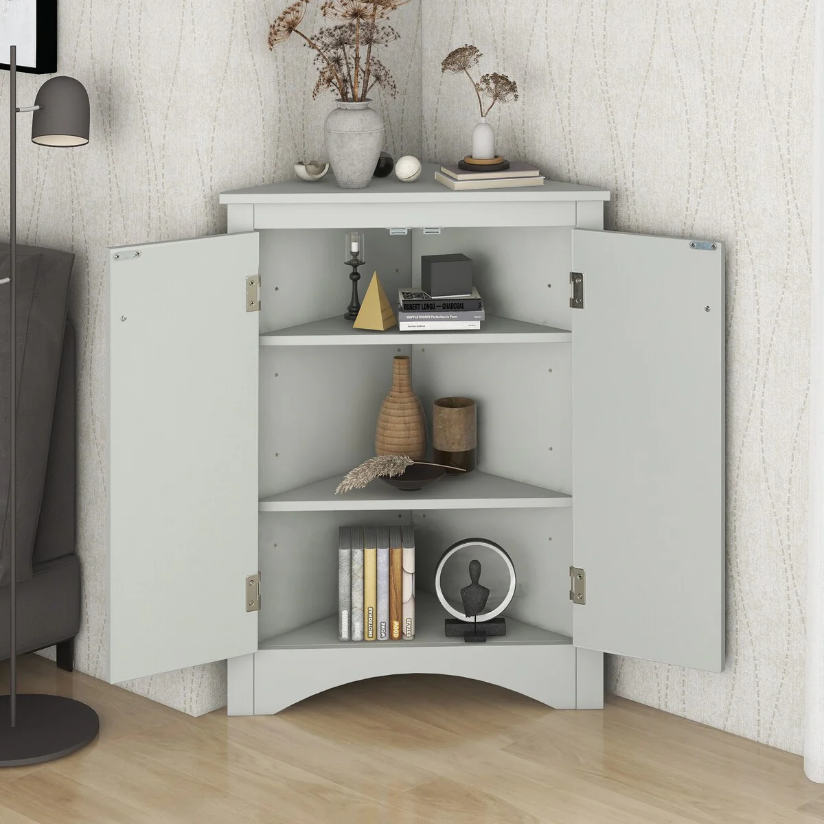 Triangle Bathroom Storage Cabinet with Adjustable Shelves,Freestanding Floor Cabinet for Home Kitchen
