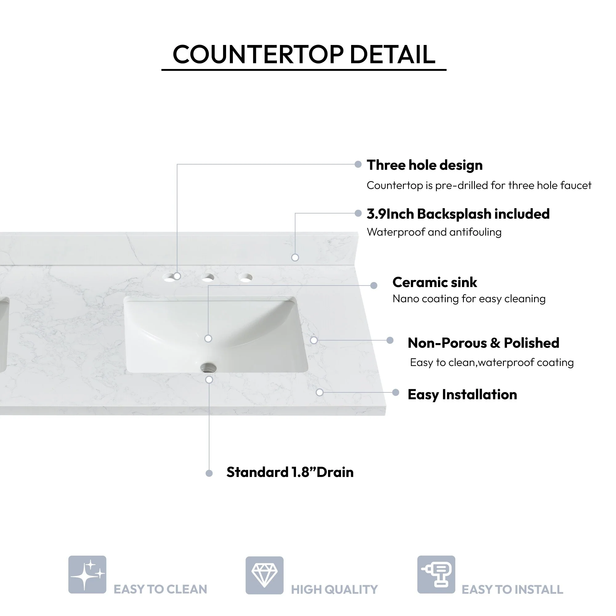 Jaen Composite Stone Vanity Top with White Rectangular Sink
