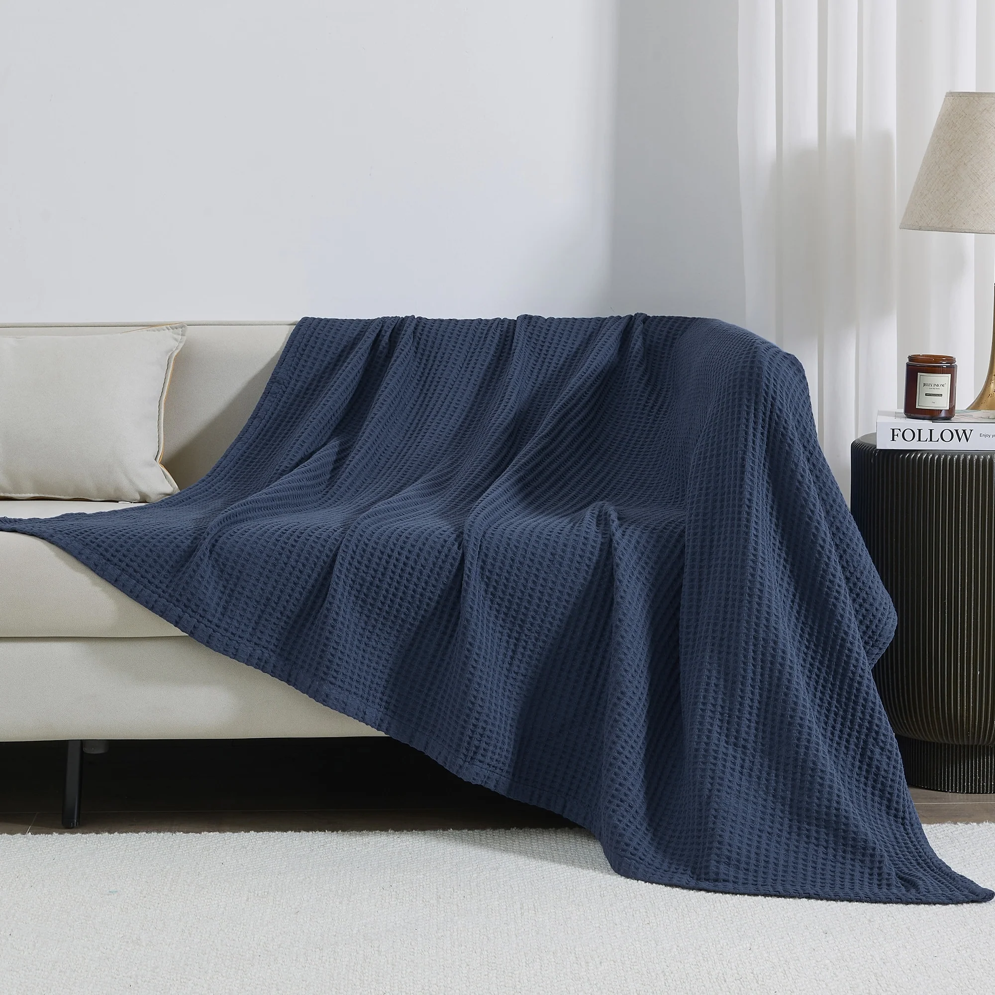 Linery & Co. 100% Cotton All-Season Lightweight Waffle Weave Knit Throw Blanket