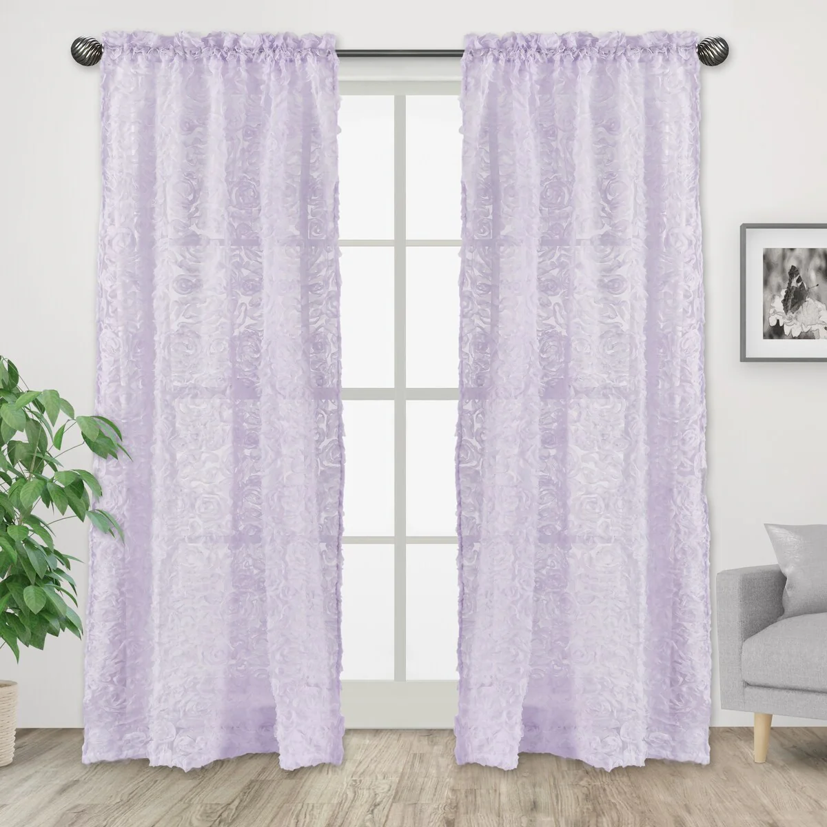 Purple Floral Rose 84in Window Treatment Curtain Panel Pair - Lavender Flower Luxurious Elegant Princess Vintage Shabby Chic