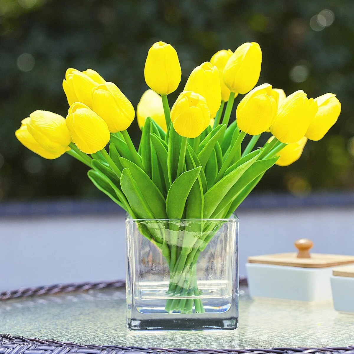 Enova Home 20 Pieces Artificial Real Touch Tulips Fake Silk Flowers Arrangement in Cube Glass Vase with Faux Water