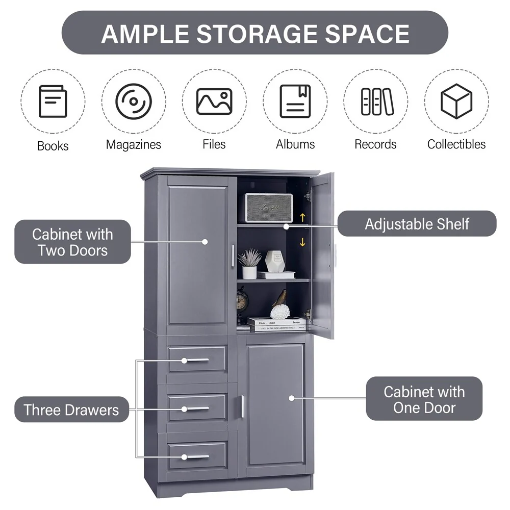 Tall and Wide Storage Cabinet with Doors for Bathroom, Three Drawers