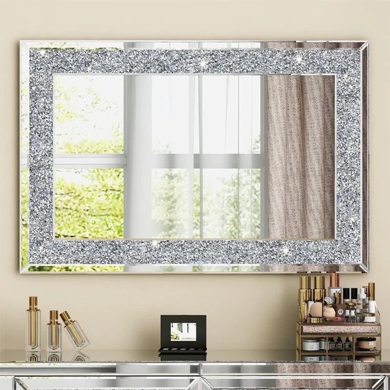 Glam Crystal Accent Wall Mirror Sparkly Silver Mirror