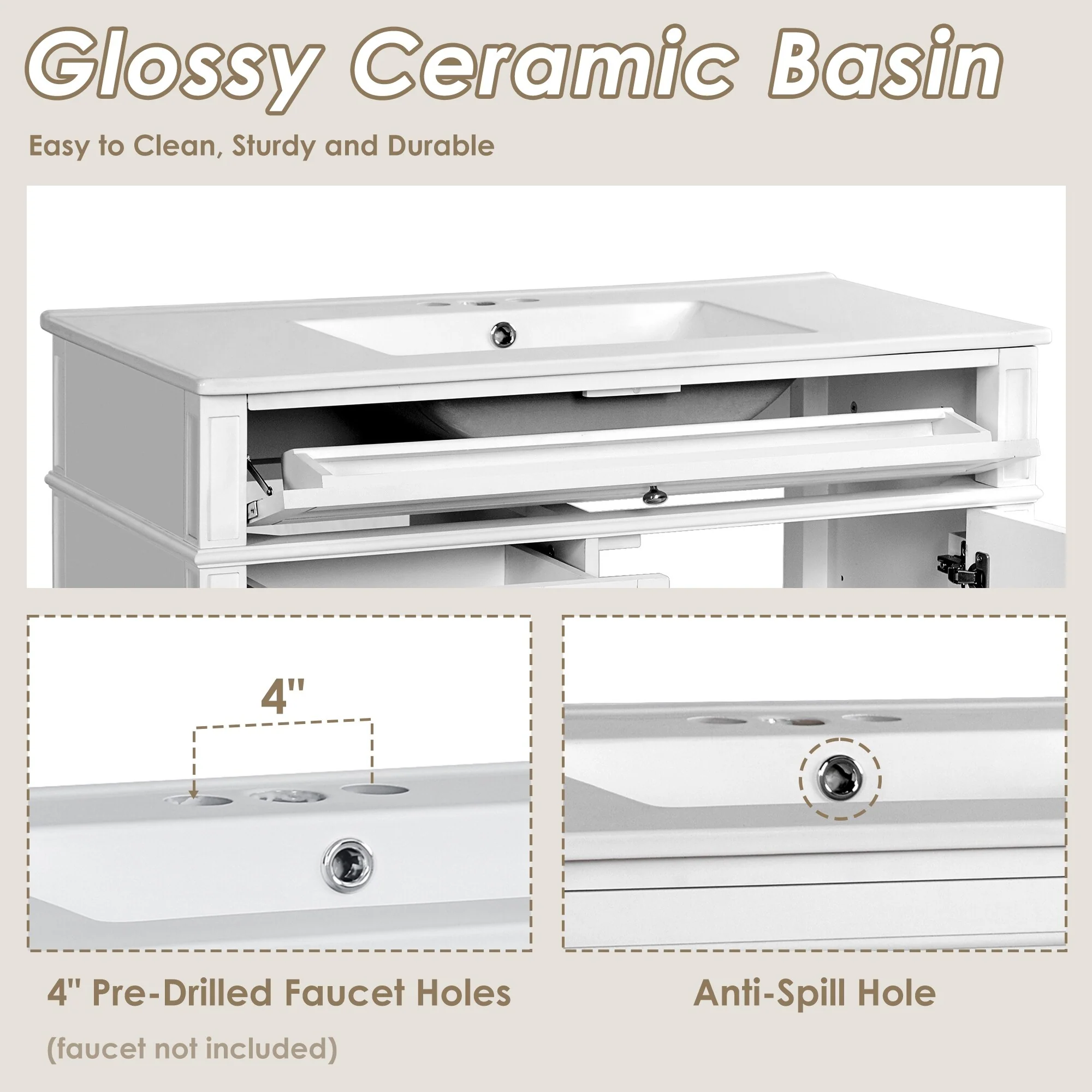 Bathroom Vanity with Single Sink, Bathroom Vanities with 2 Drawers, Bathroom Storage Cabinet with 1 Tip-Out Drawer and 1 Door