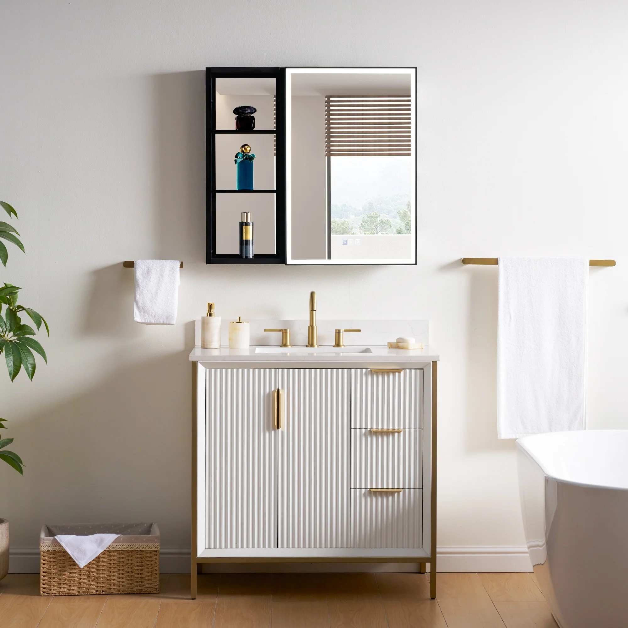 30 in. H Recessed or Surface Wall Mounted LED Mirror Cabinet With Black Side Cabinet