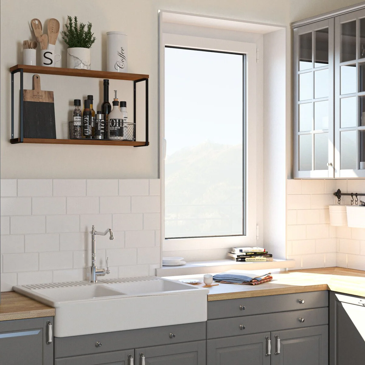 Wallniture Porto 2-Tier Wood Wall Shelf for Kitchen Decor, Organization and Storage