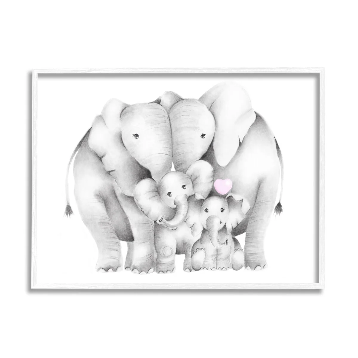 Stupell Baby Elephants with Animal Family Cute Pink Heart Framed Wall Art
