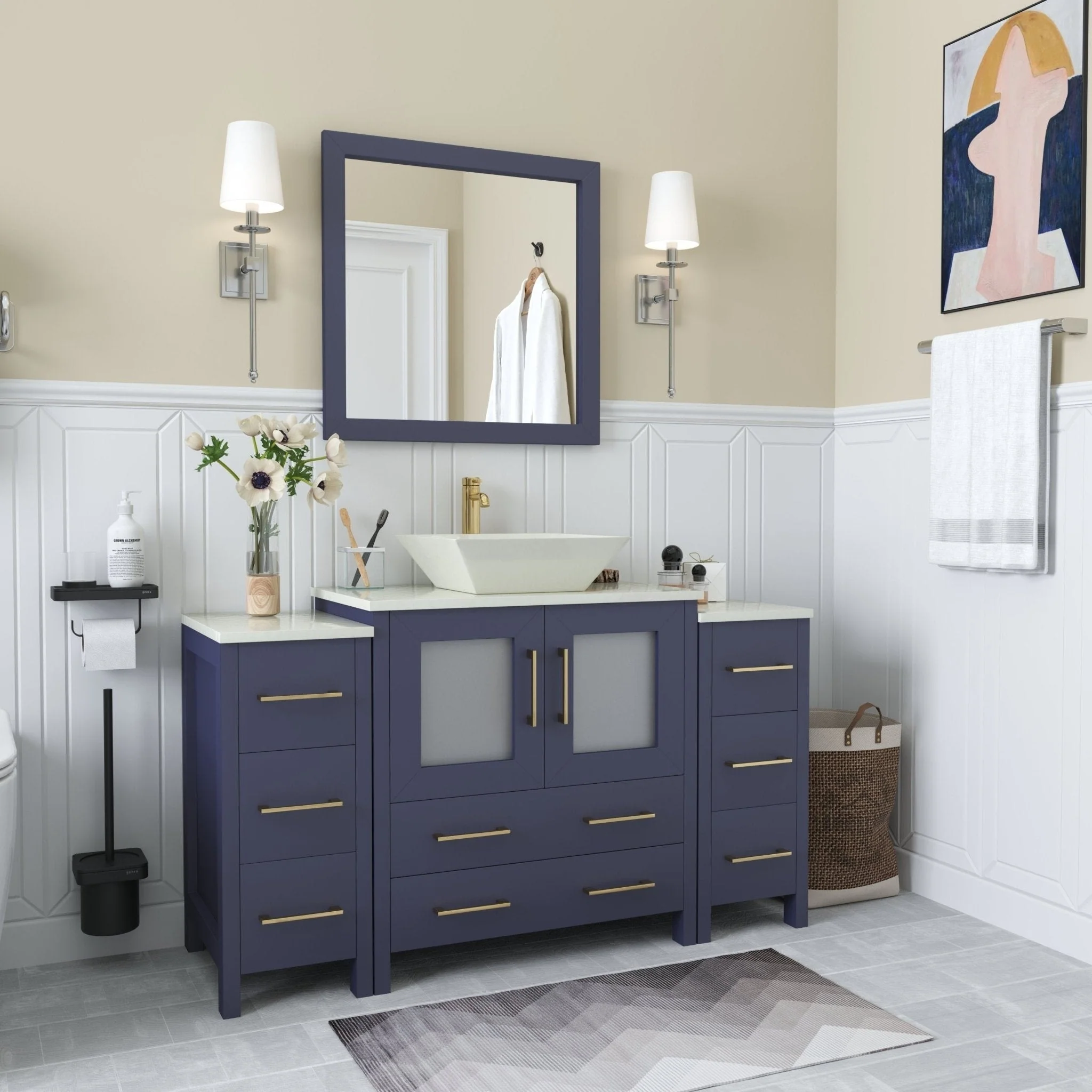 Vanity Art 54-inch Single Sink Bathroom Vanity Set with Engineered Marble Top and Free Mirror - 54 x 18.5 x 36 Inches