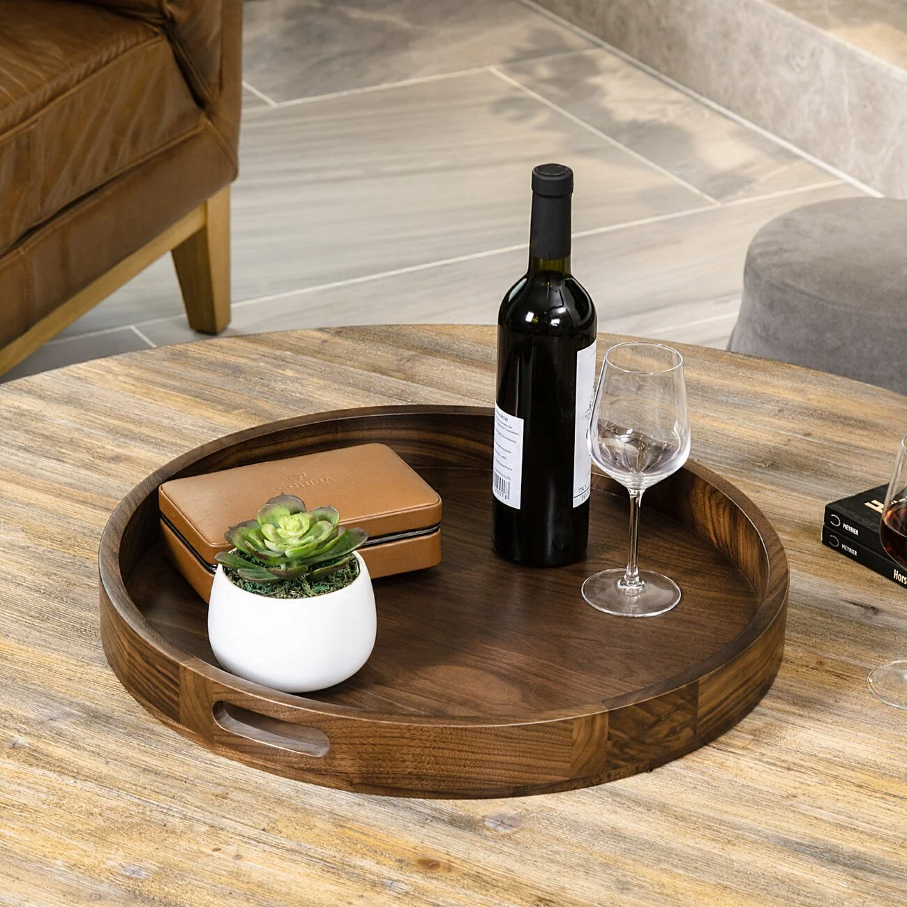 KINWELL Round Black Walnut Wood Serving Tray Ottoman Tray with Handles