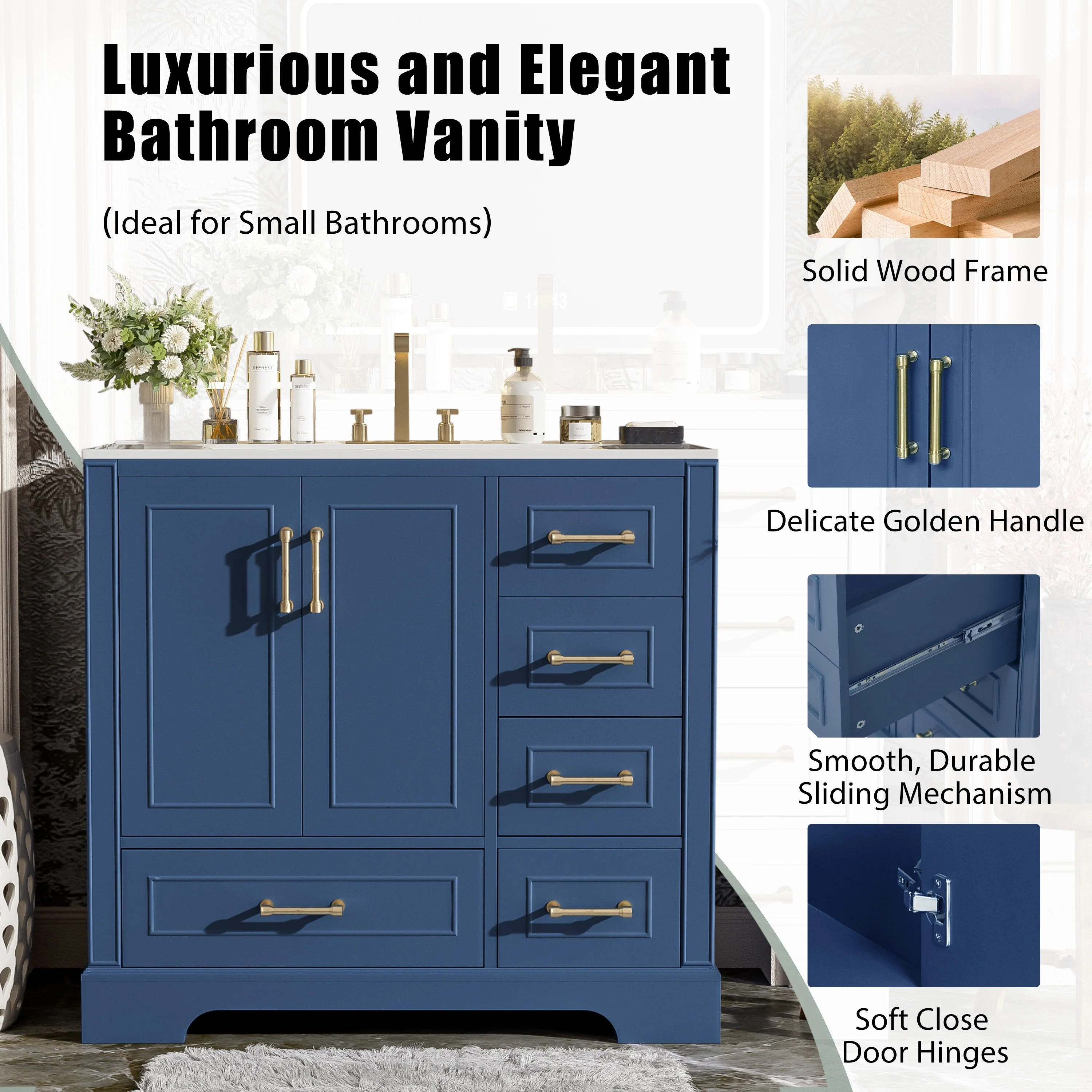 Bathroom Vanity with Resin Sink, Bathroom Vanity Set with 4 Drawers, Bathroom Storage Cabinet with 2 Soft Close Doors