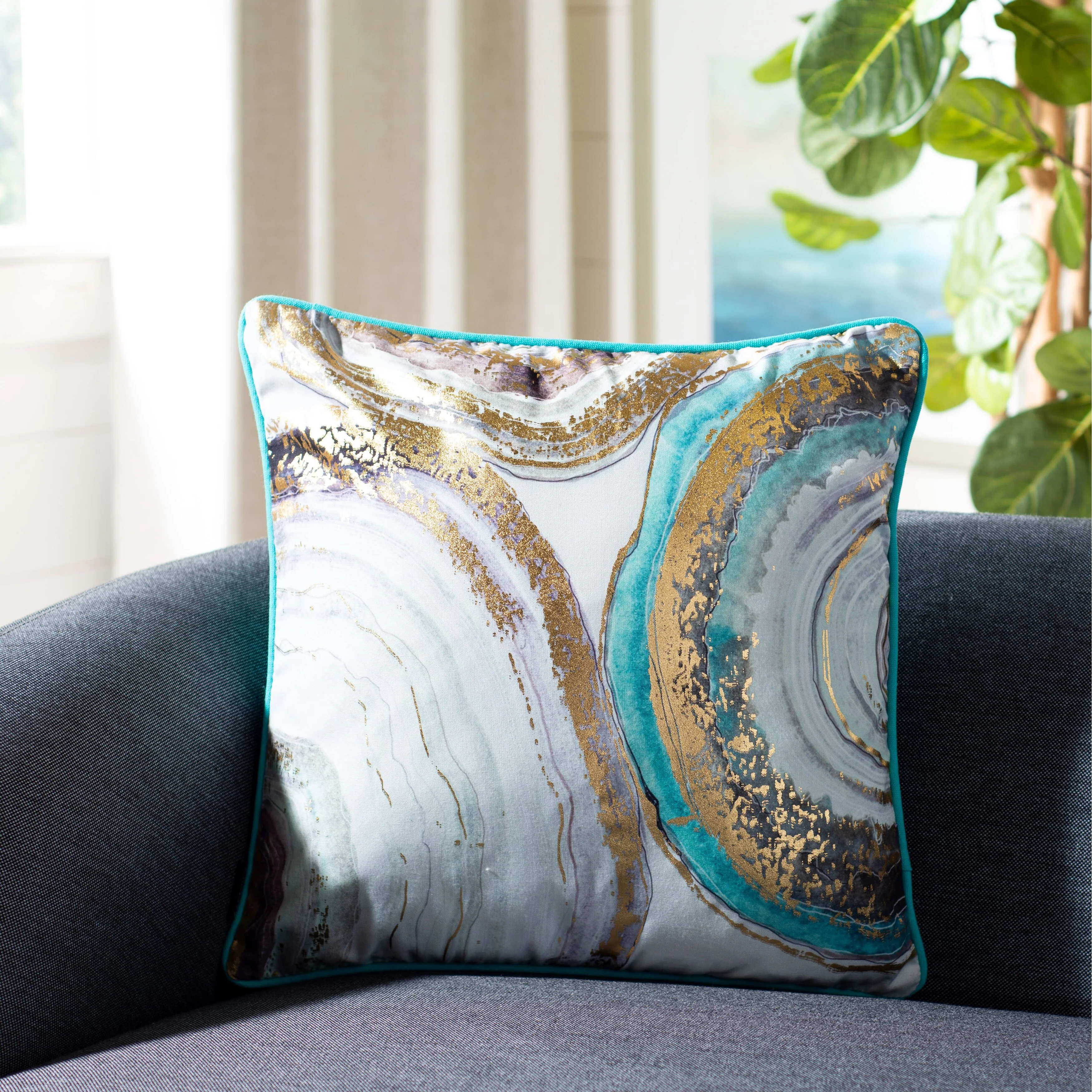 SAFAVIEH Savelina Abstract Tropical Blue/ Gold 18-inch Throw Pillow