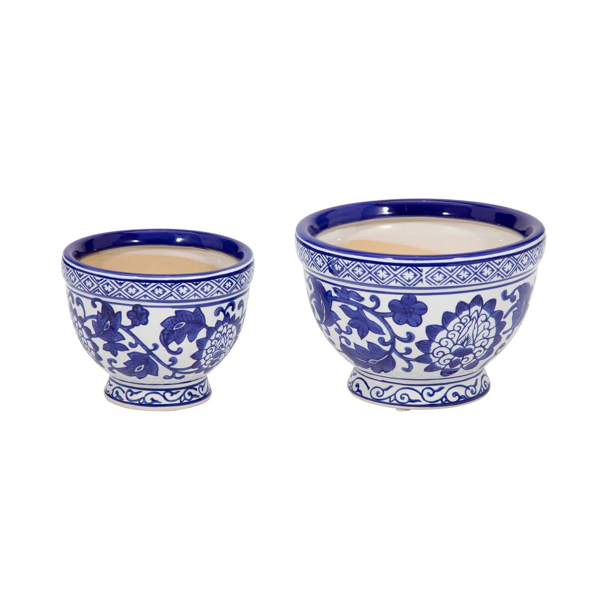 Sagebrook Home Ceramic Blue and White Chinoiserie Planter Bowls Set of 2 - 7